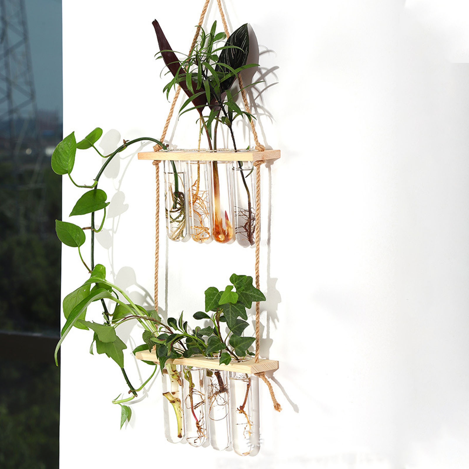Kreatives, Zweistöckiges Hydrokultur-ornament Aus Glas Mit Vier Öffnungen, Wanddekoration Für Hydrokulturpflanzen, Hängendes Holzregal, Reagenzglasförmiger Pflanzbehälter Aus Glas, Naturholzfarbe