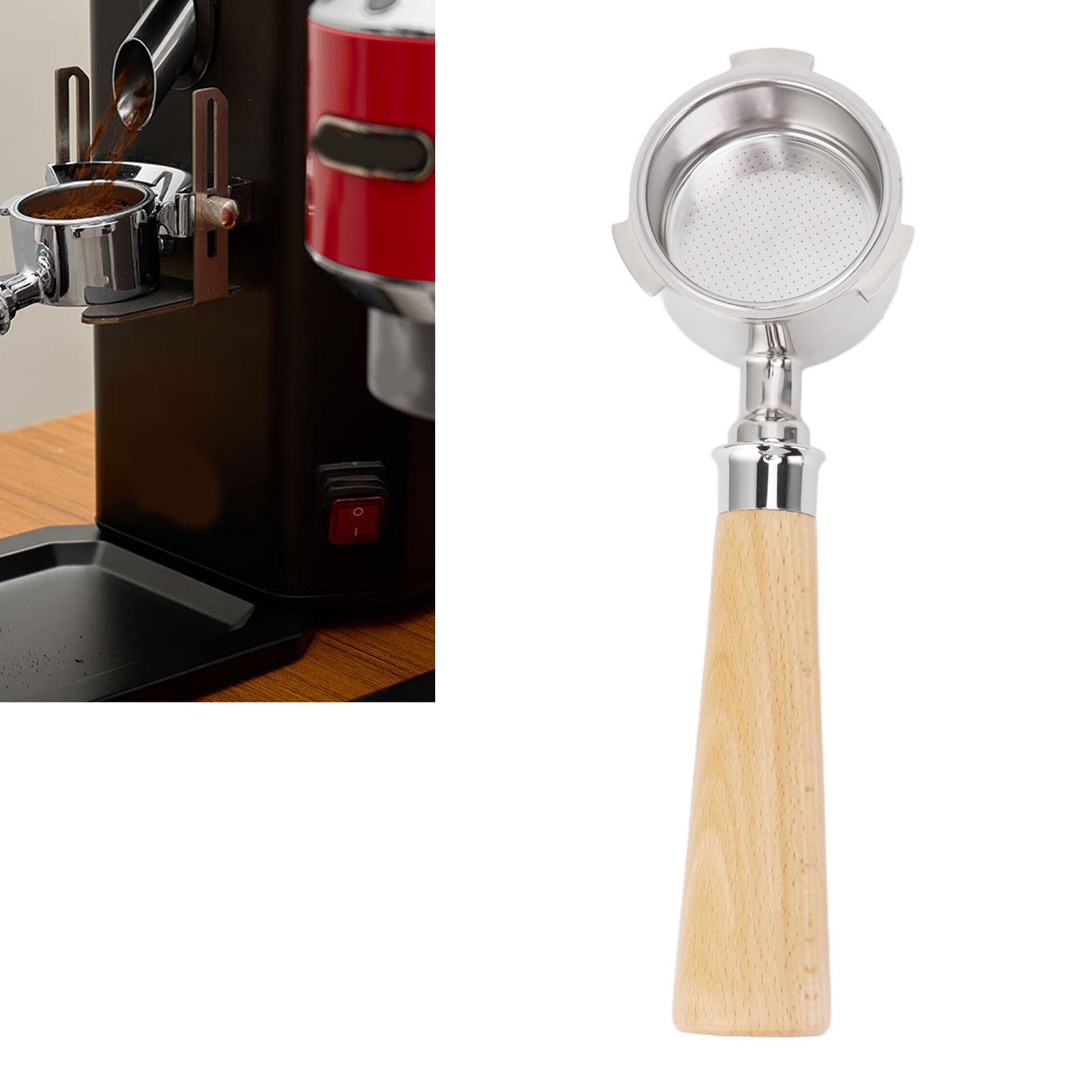 De'longhi Kaffeemaschinenmodifikation Mit Drei Edelstahlgriffen, 51 Mm, Bodenlosem Einlagigem Filterhalter, Modell A2, Natürliche Buchenholzfarbe.