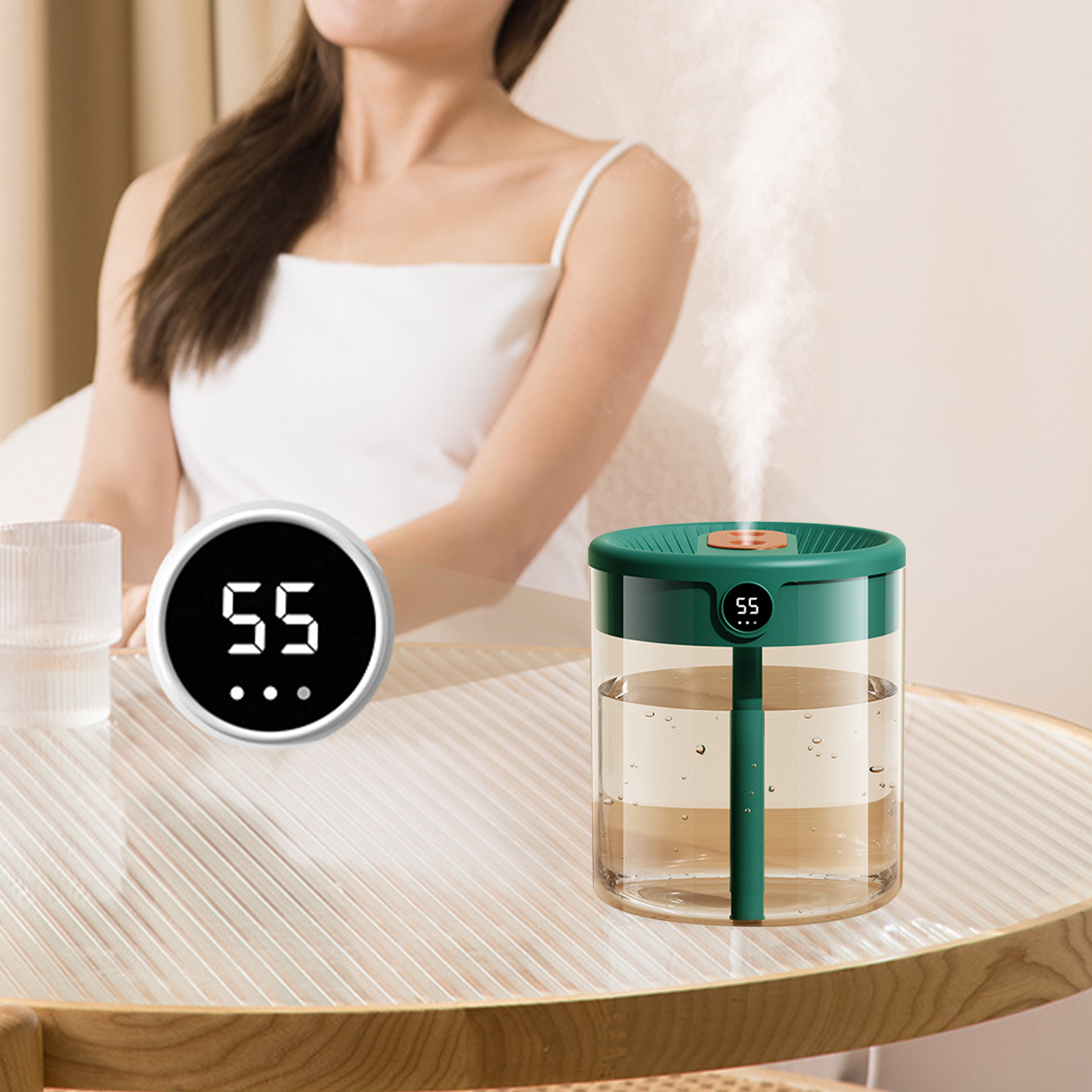 2-liter-luftbefeuchter Mit Zwei Sprühdüsen, Großes Fassungsvermögen, Usb-anschluss, Für Den Heimgebrauch, Leiser Betrieb, Geeignet Für Schlafzimmer Und Büros, Nachtlicht, Digitalanzeige, Umweltfreundl