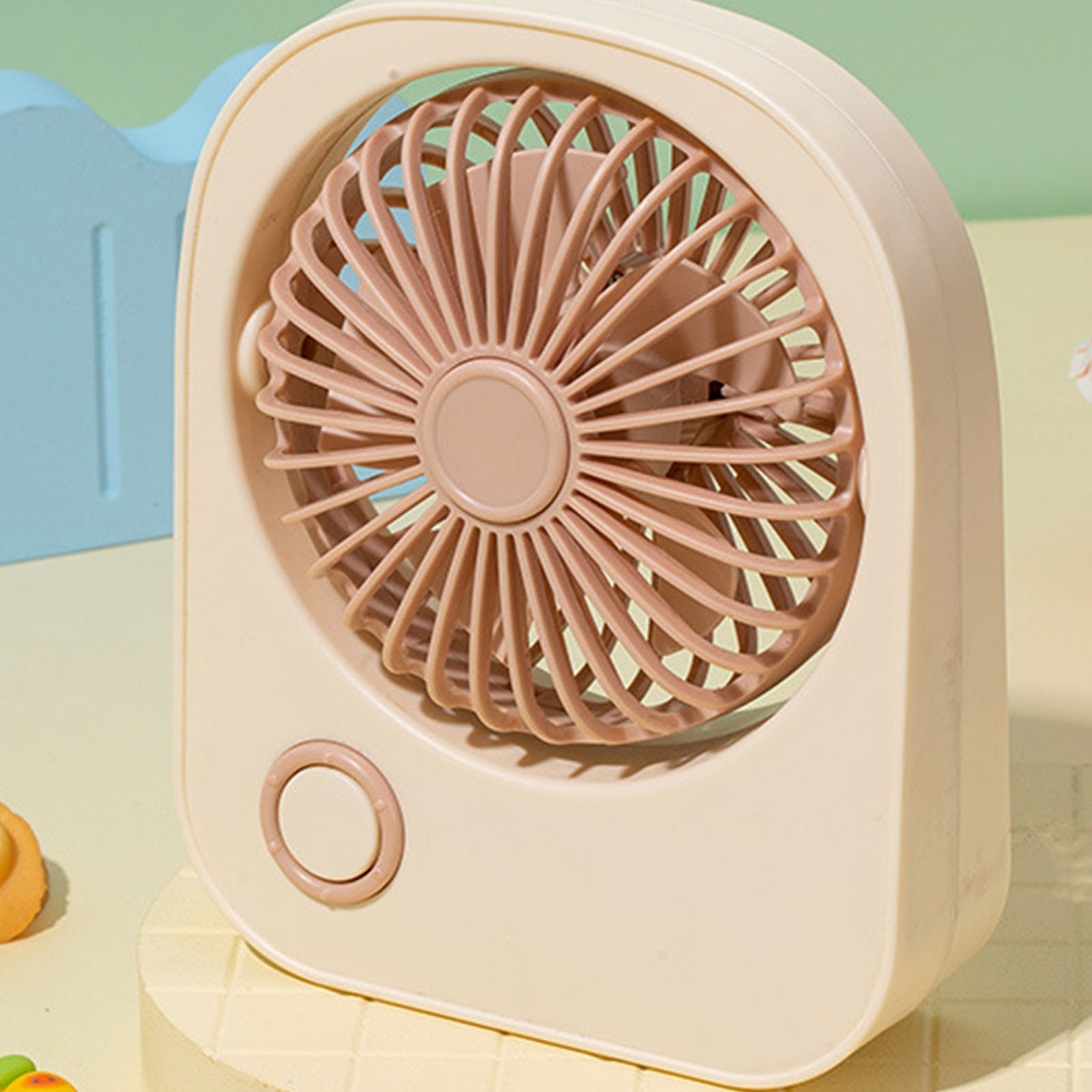 Neuer Tianhong Mini-tischventilator, Usb-wiederaufladbar, Tragbar, Mini-studentenventilator Mit Cartoon-muster, Cremeweiß.