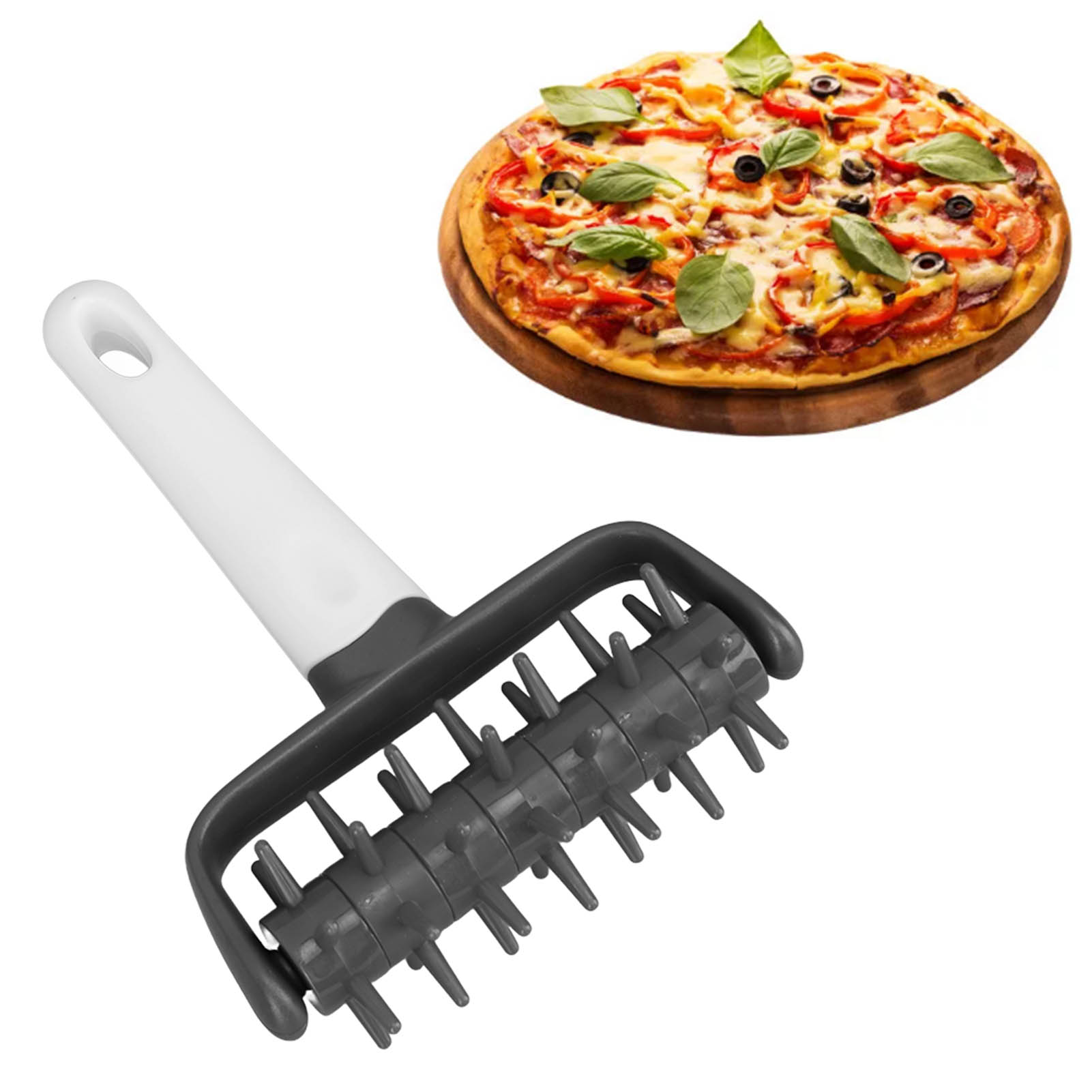 Backutensilien: Pizzaroller, Teigausstecher, Teigrädchen, Ausstecher, Belüftungswalze (grau)