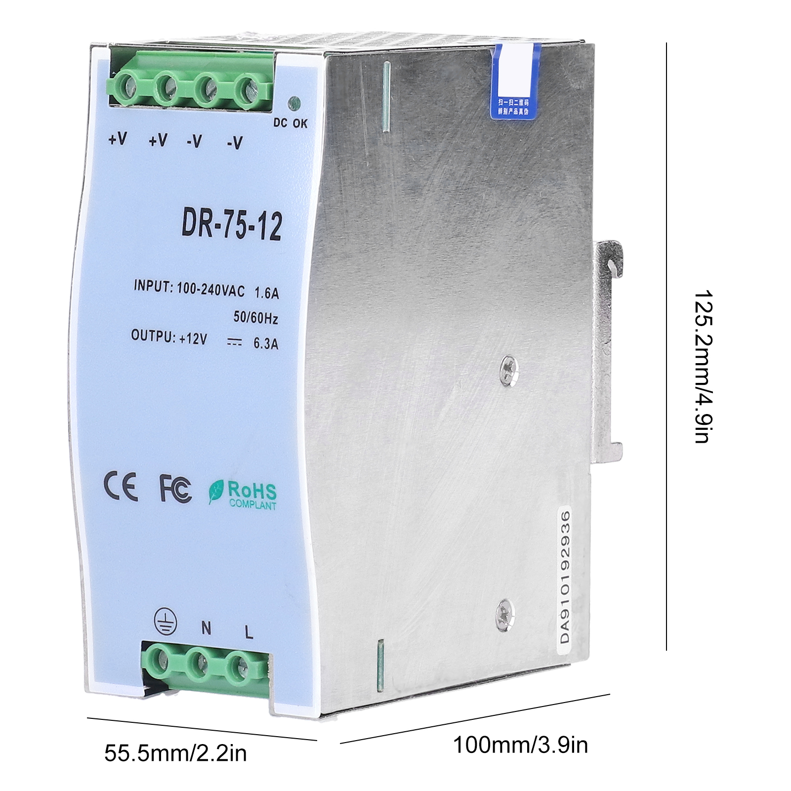Geregeltes Und Einstellbares Led-netzteil Der Serie Dr-75, Din-schienenmontage, Teilenummer Dr-75-12