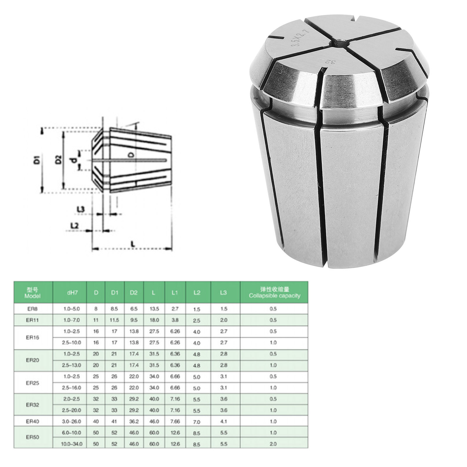 Er32-3,52,7mm Hochpräzisions-er32-spannzange Mit Feder Für Graviermaschinen Und Bohrmaschinen Mit Einer Hohen Präzision Von 0,008 Mm.