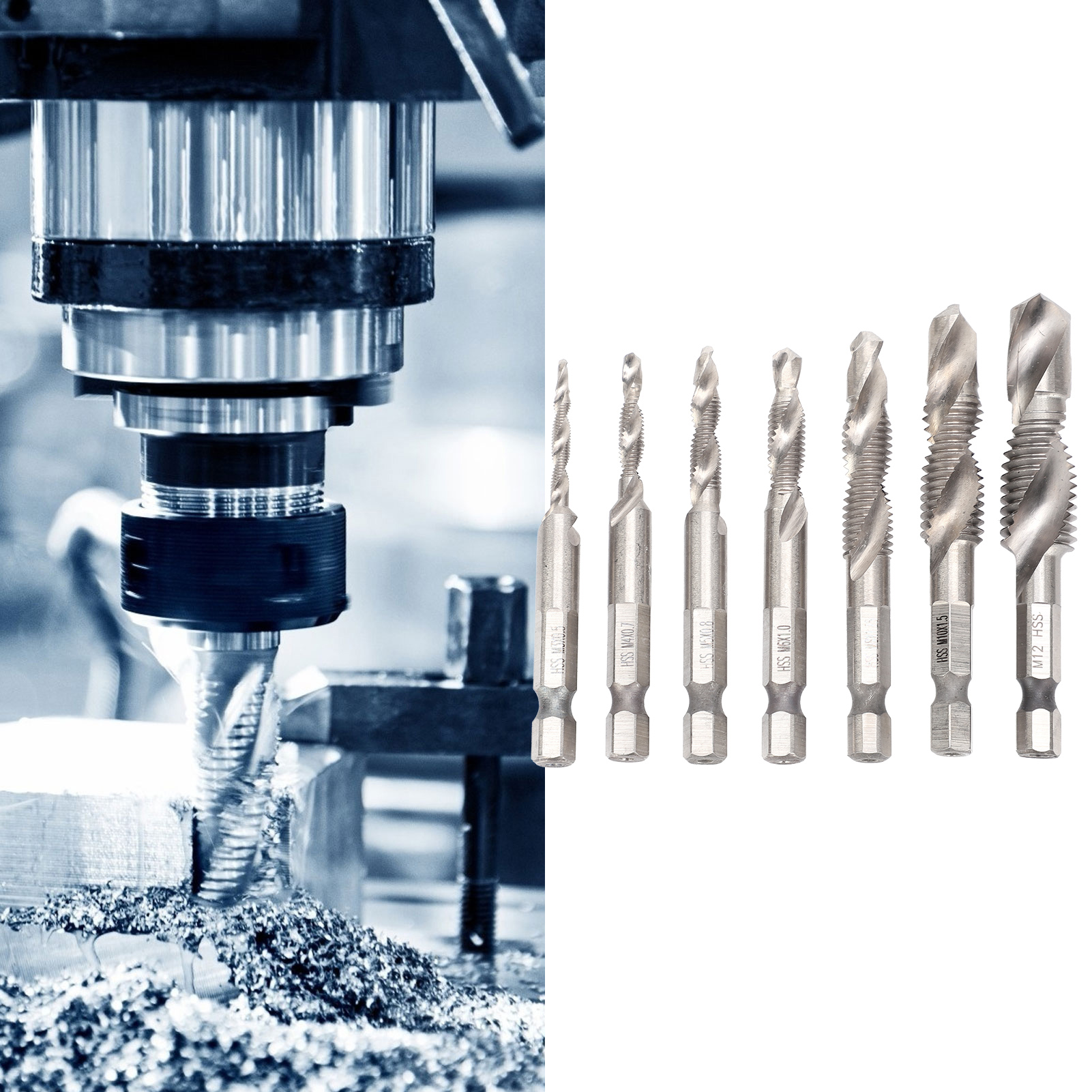Set Mit 7 Metrischen 1/4"-sechskant-bohrern Und -gewindebohrern, Silberfarben