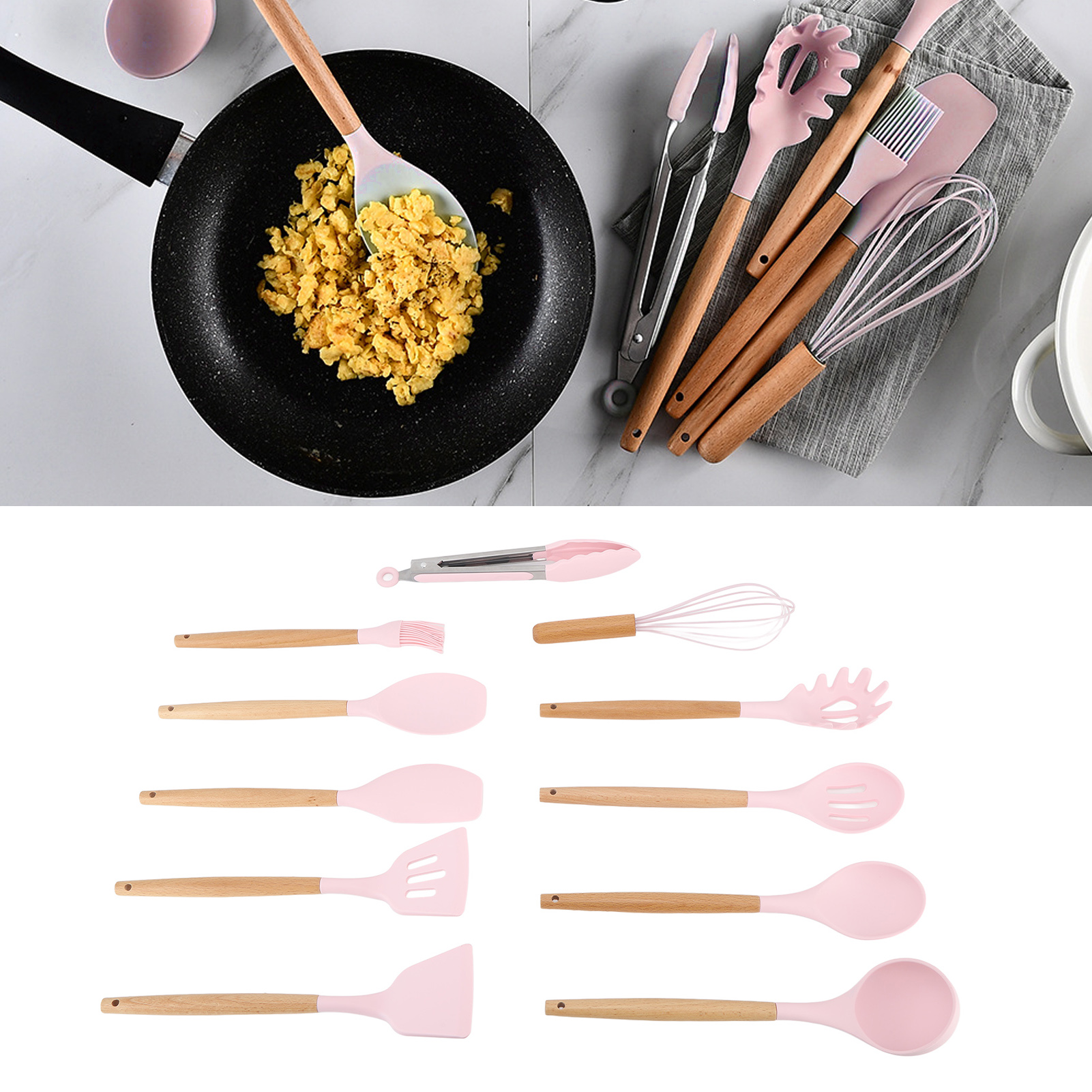 Aufbewahrungseimer Mit Holzgriff, Set Mit 11 Rosa Küchenutensilien Aus Silikon.