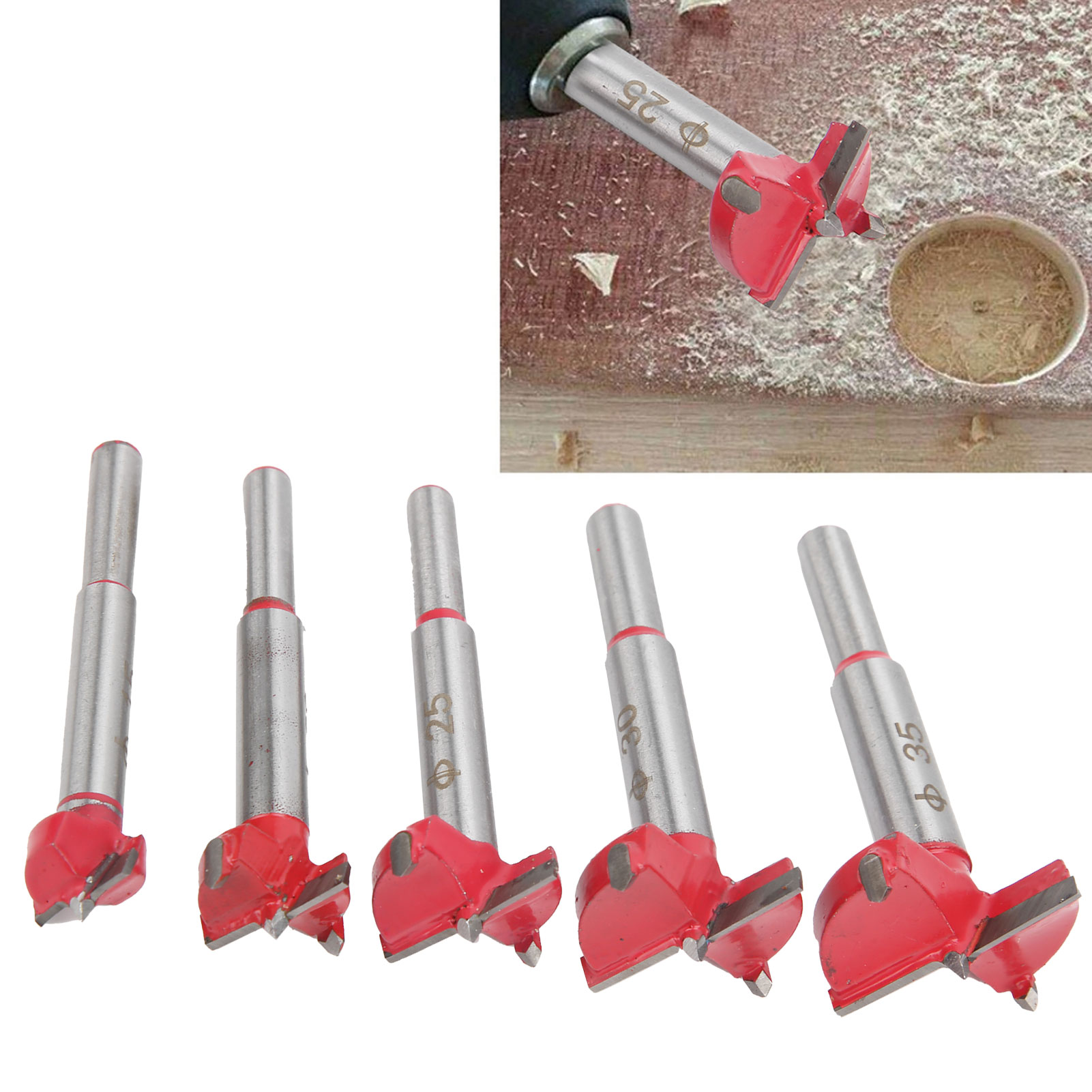 Set Mit Fünf Lochsägen Für Die Holzbearbeitung, Hartmetall-lochsäge, Flachflügelbohrer Für Die Holzbearbeitung Ø 15–35 Mm