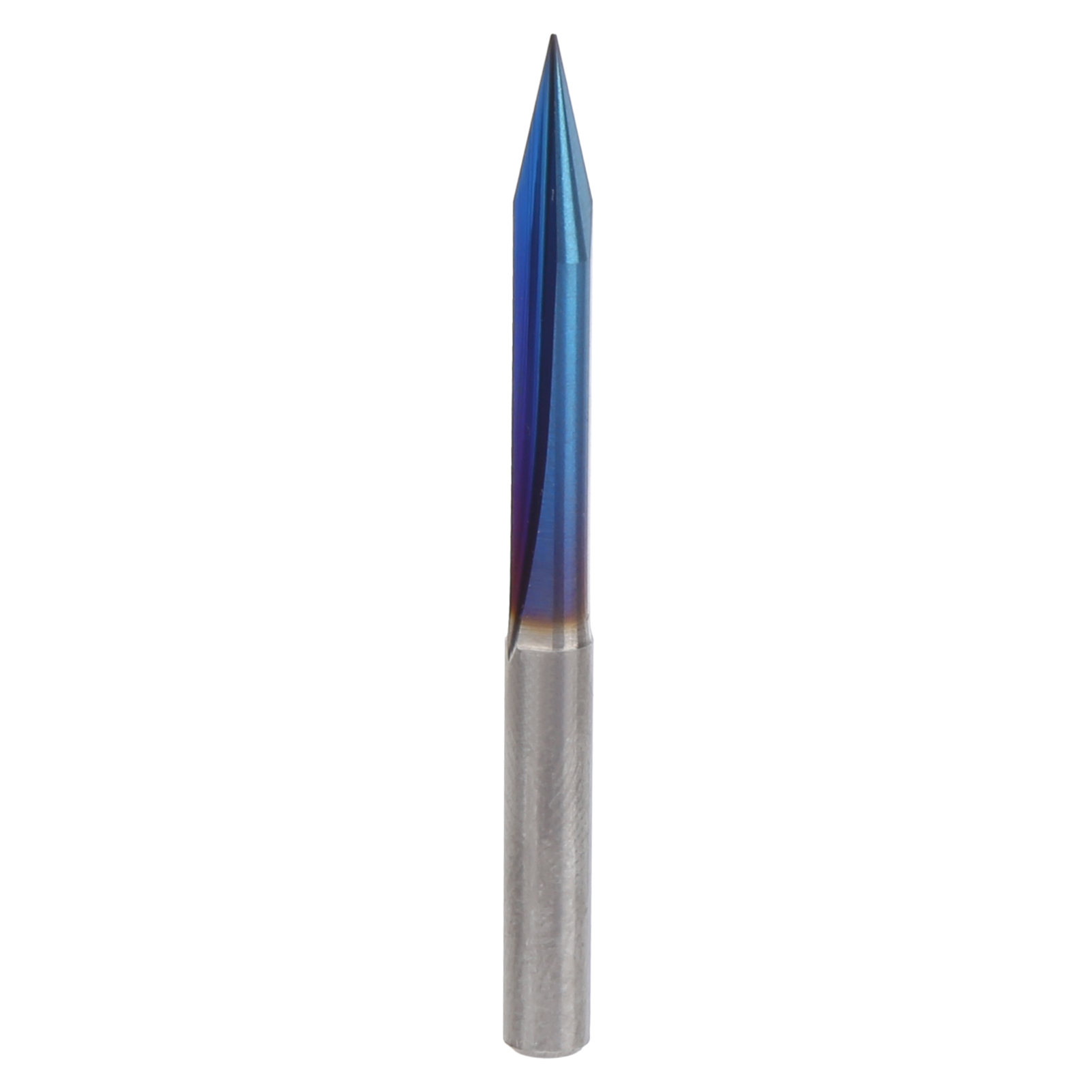 Doppelschneidiges, Spitz Zulaufendes V-förmiges Gravierwerkzeug Mit Gerader Nut, 4 Mm Schaft, Mit 40,320 Blau Plattiertem V-förmigem Gravierkopf Mit Gerader Nut.