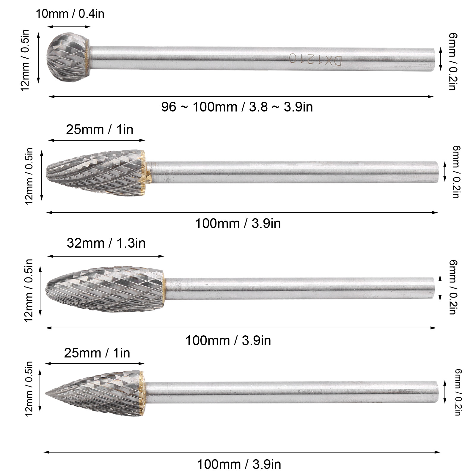 Satz Mit 4 Rotierenden Wolframkarbidfeilen Mit 6 Mm Schaft