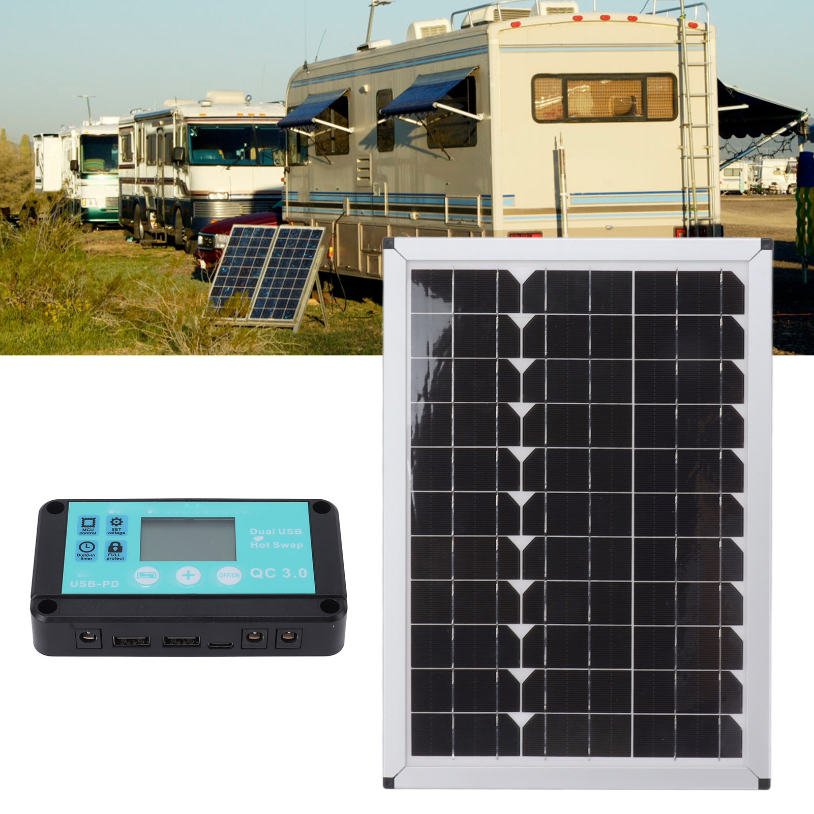100w 18v Monokristallines Solarmodul Mit Rahmen, Spannungsregler, Zwei Usb-anschlüssen, Umweltfreundlichem Controller Und Flaschenhalterung.