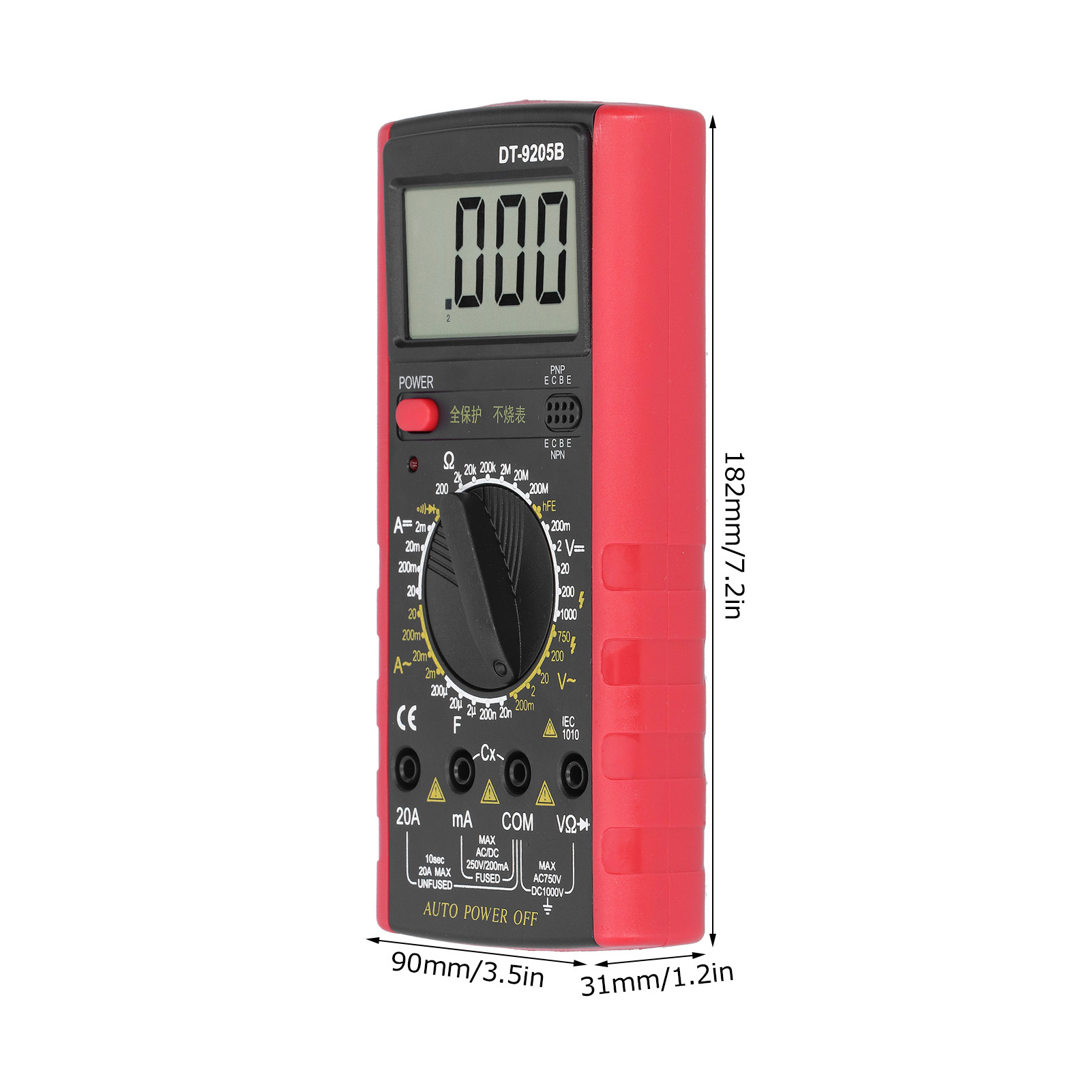 Dt9205b Hochpräzises Digitales Multimeter Mit Anti-burst-digitalanzeige, Summerfunktion, Spannungs- Und Strommessung (rot Und Schwarz)