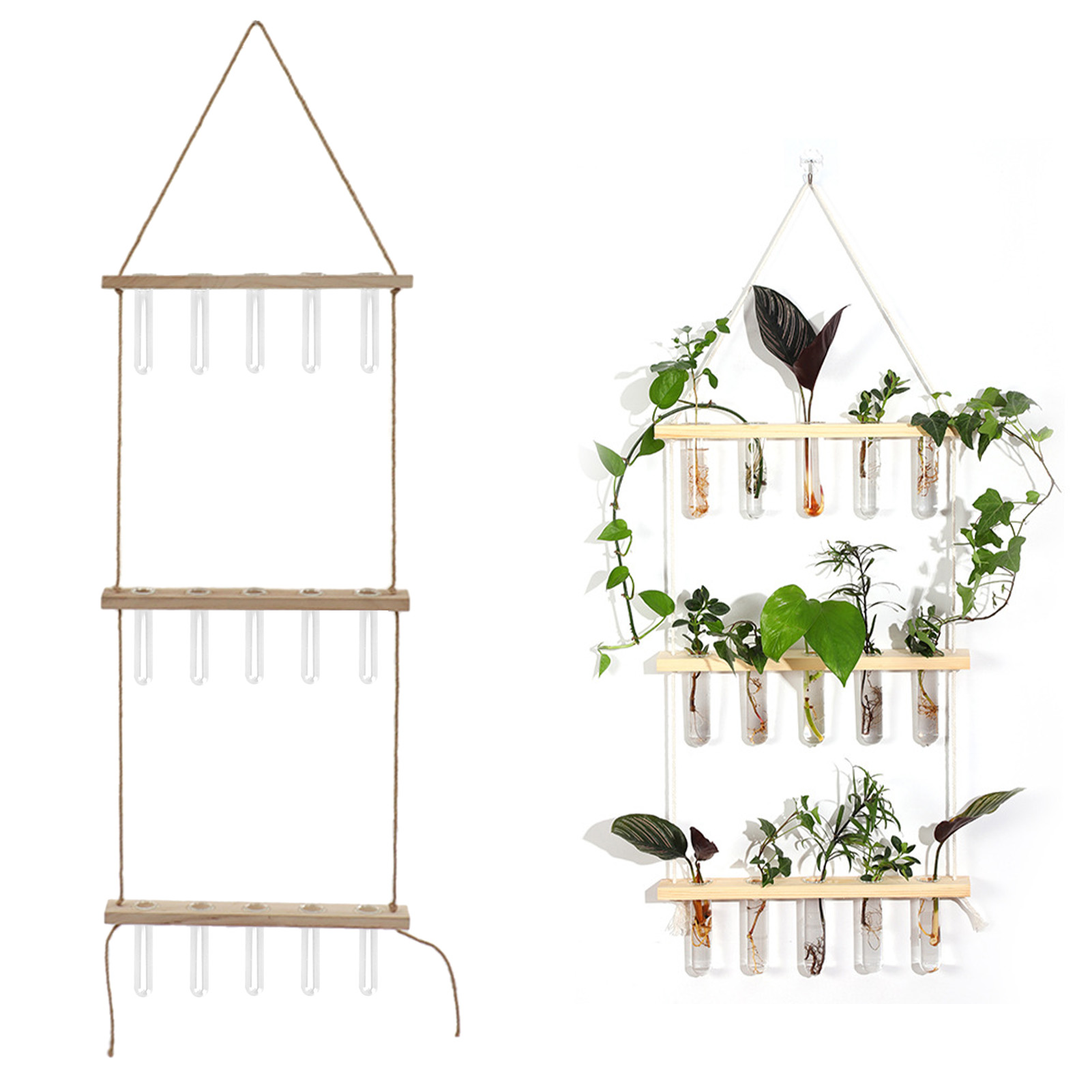 Kreatives 3-stöckiges Hydroponik-ornament Aus Glas Mit 5 Löchern, Wanddekoration Für Grünpflanzen, Hängender Holzrahmen, Reagenzglas, Glasvase, Hydroponik-pflanzgefäß, Naturholzfarbe