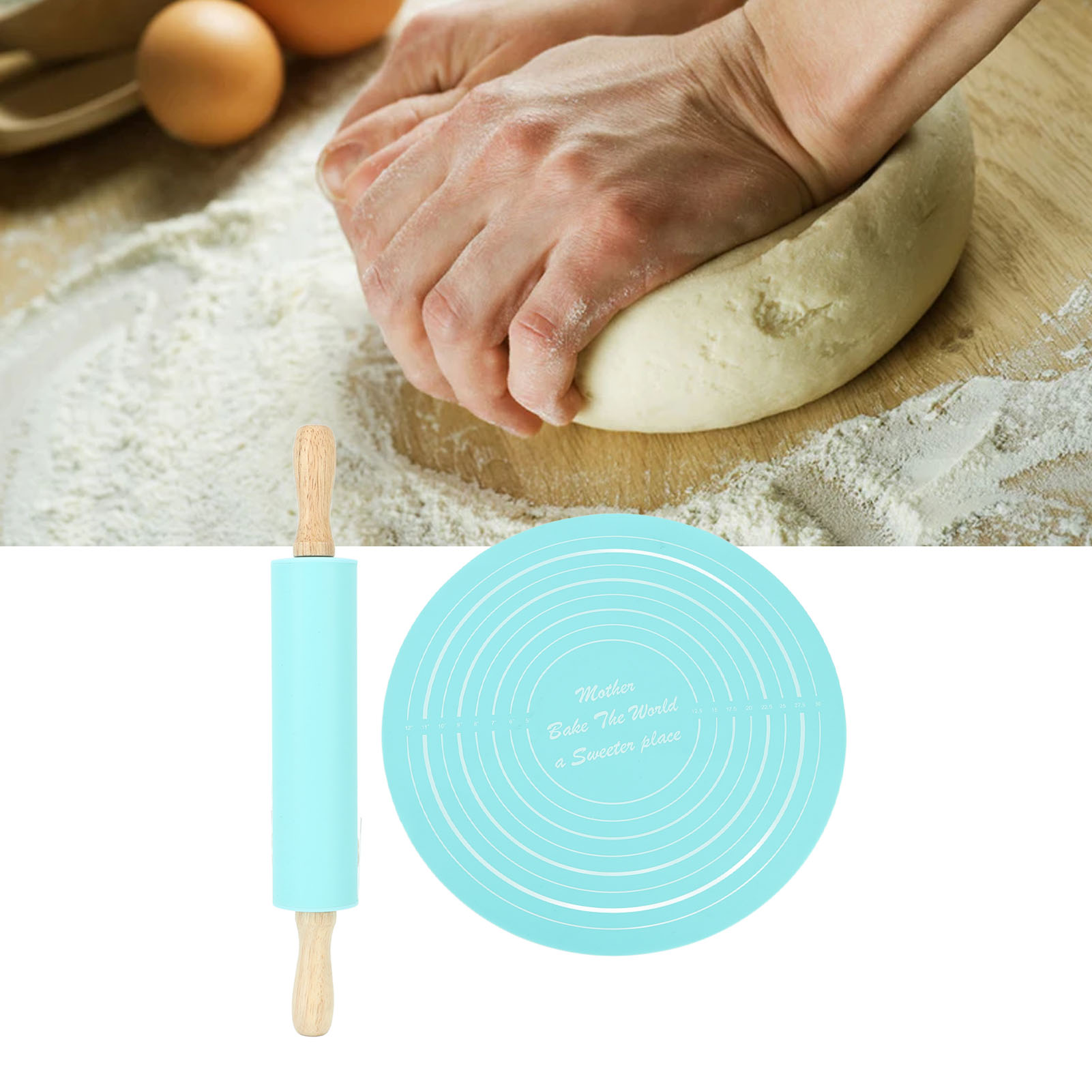 Großes Zweiteiliges Gebäckwerkzeug-set: Silikon-nudelholz, Knetmatte, Blau.
