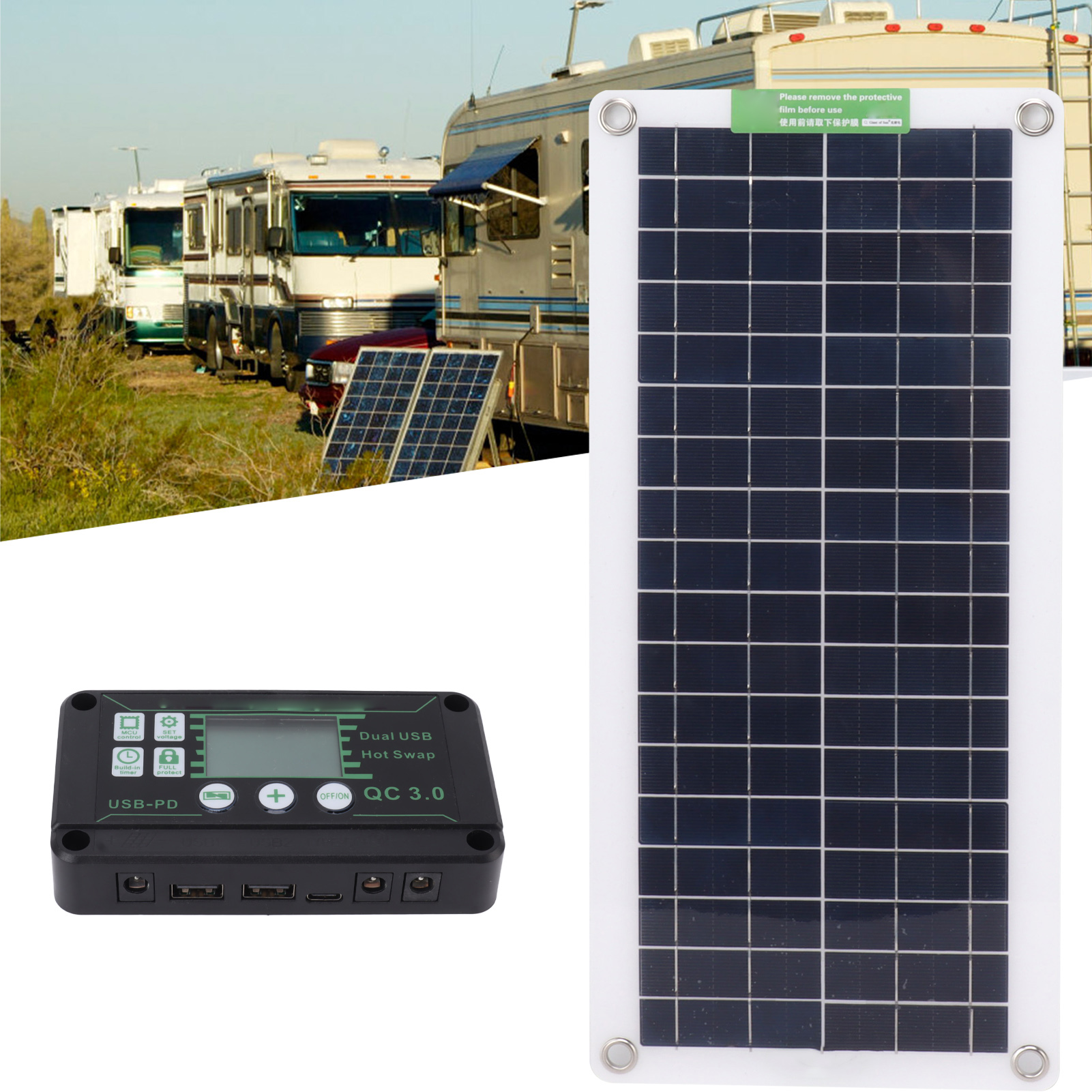 30w 18v Monokristallines Solarpanel Mit Ladespannungsregler, Zwei Usb-anschlüssen Und Controller (schwarz)