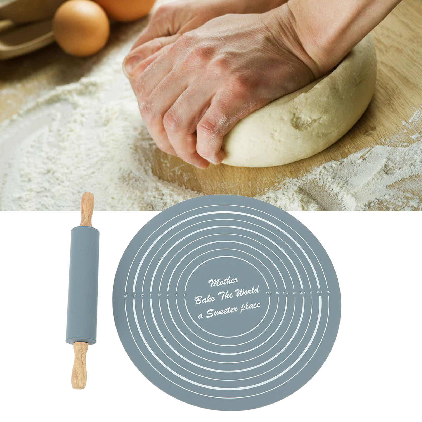 Set Aus Zwei Backutensilien, Bestehend Aus Einem Großen Silikon-nudelholz Und Einer Knetmatte, Grau.