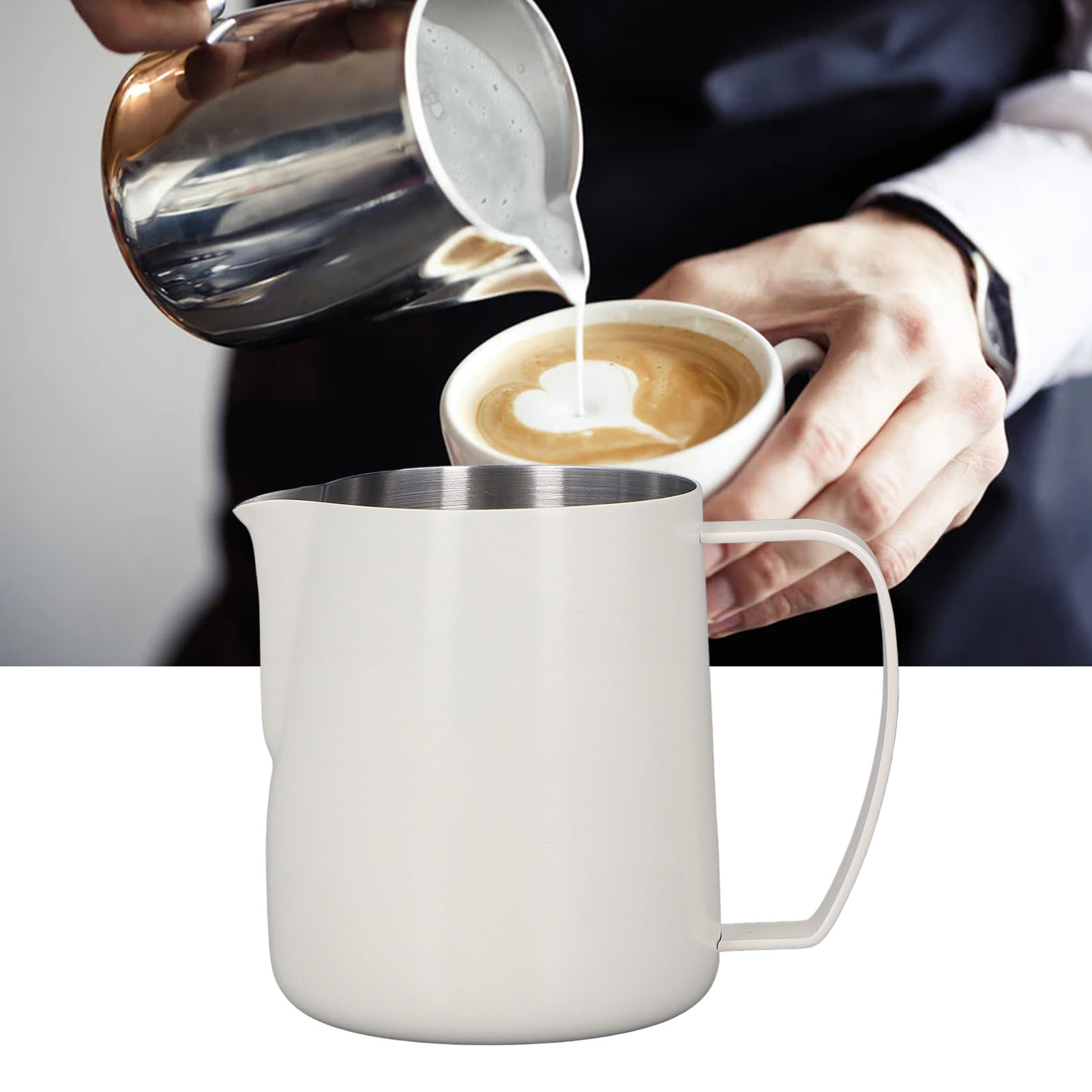 Dickwandiger Latte-art-becher Aus Edelstahl 304 Mit Geprägtem Ausguss, 450 Ml, Cremeweiß