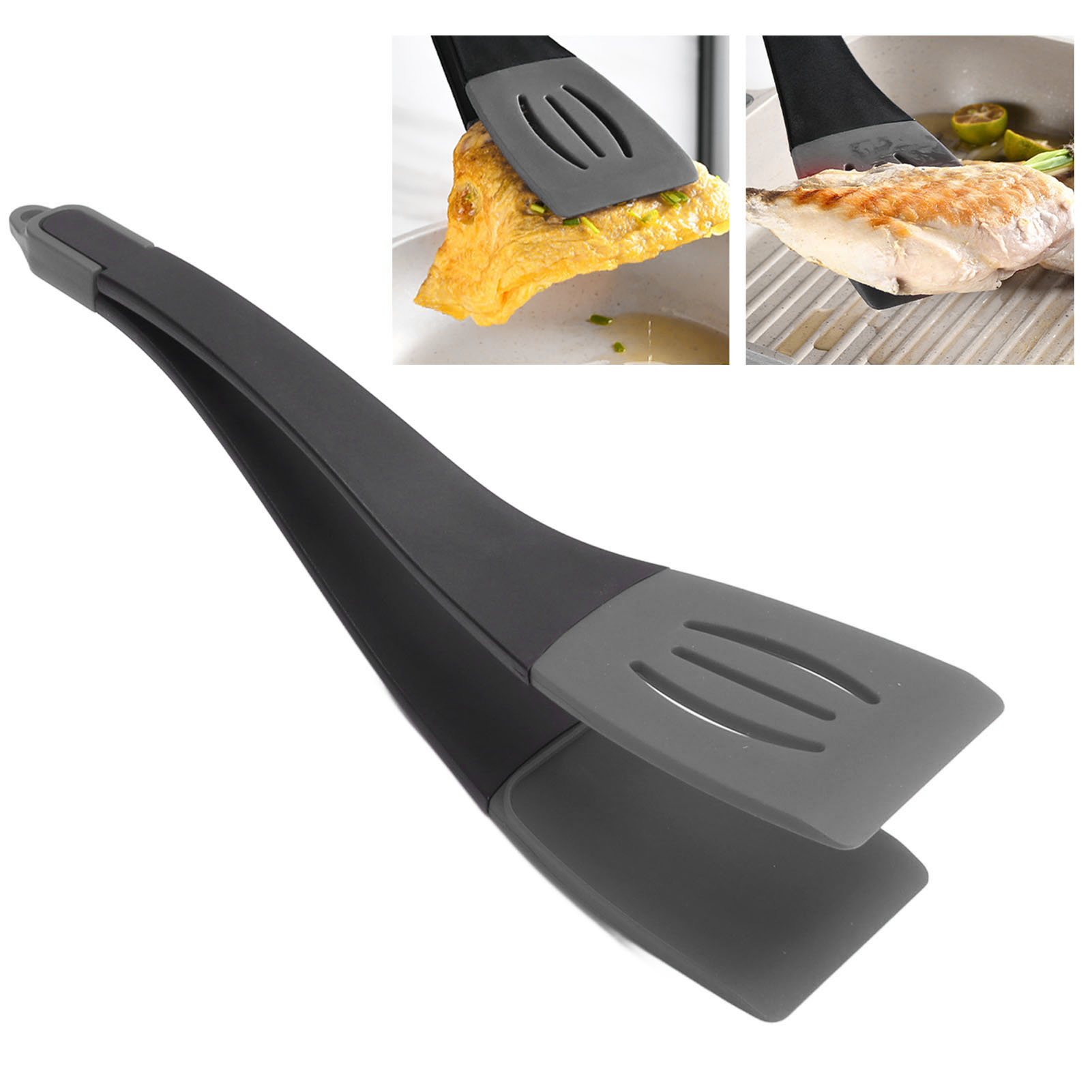 3-in-1 Silikon-kombinationsspatel, Schlitzspatel, Steakzange, Fischspatel, Einzelzange, Grau/schwarz.