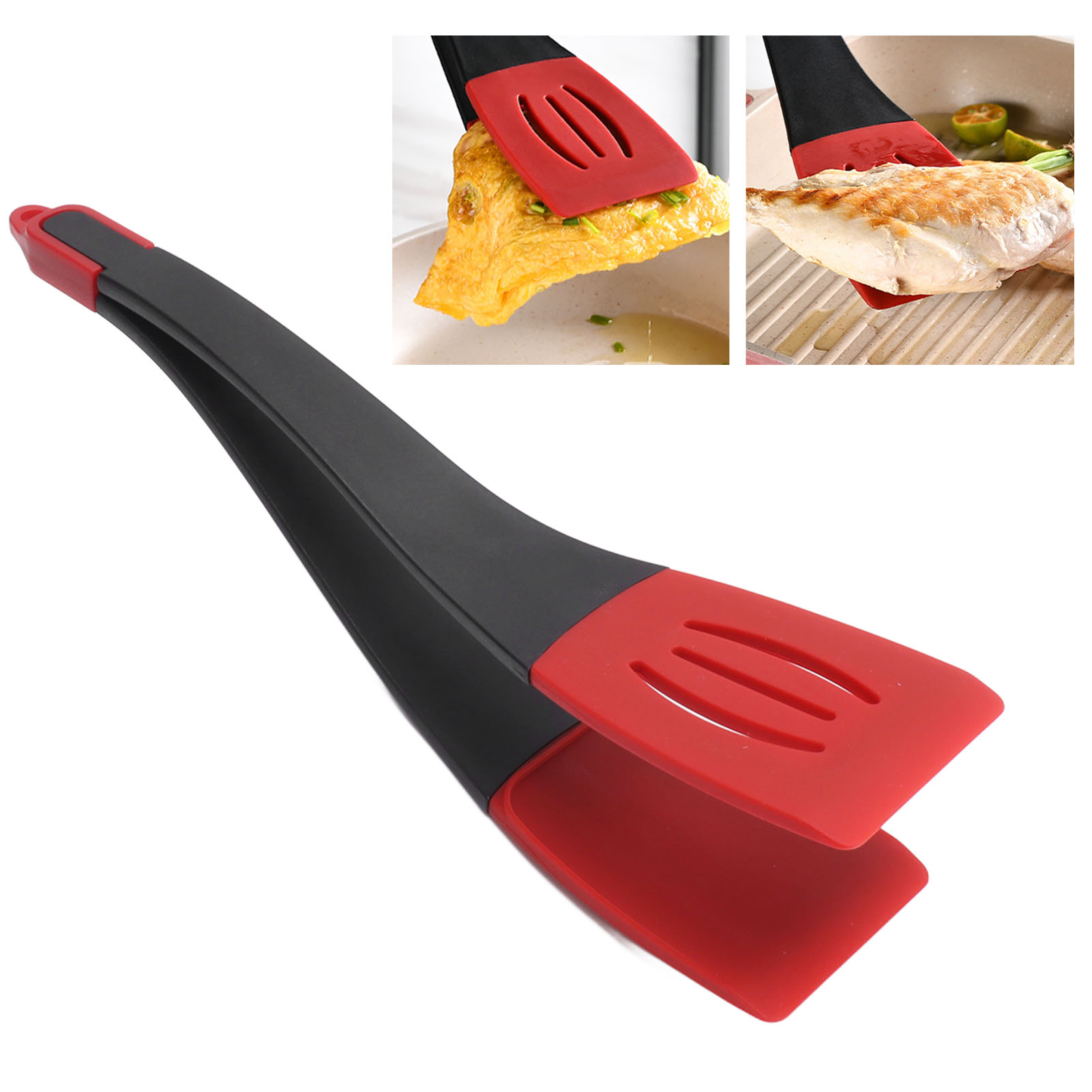 3-in-1 Silikon-kombinationsspatel, Schlitzspatel, Steakzange, Fischspatel, Einzelzange, Rot/schwarz
