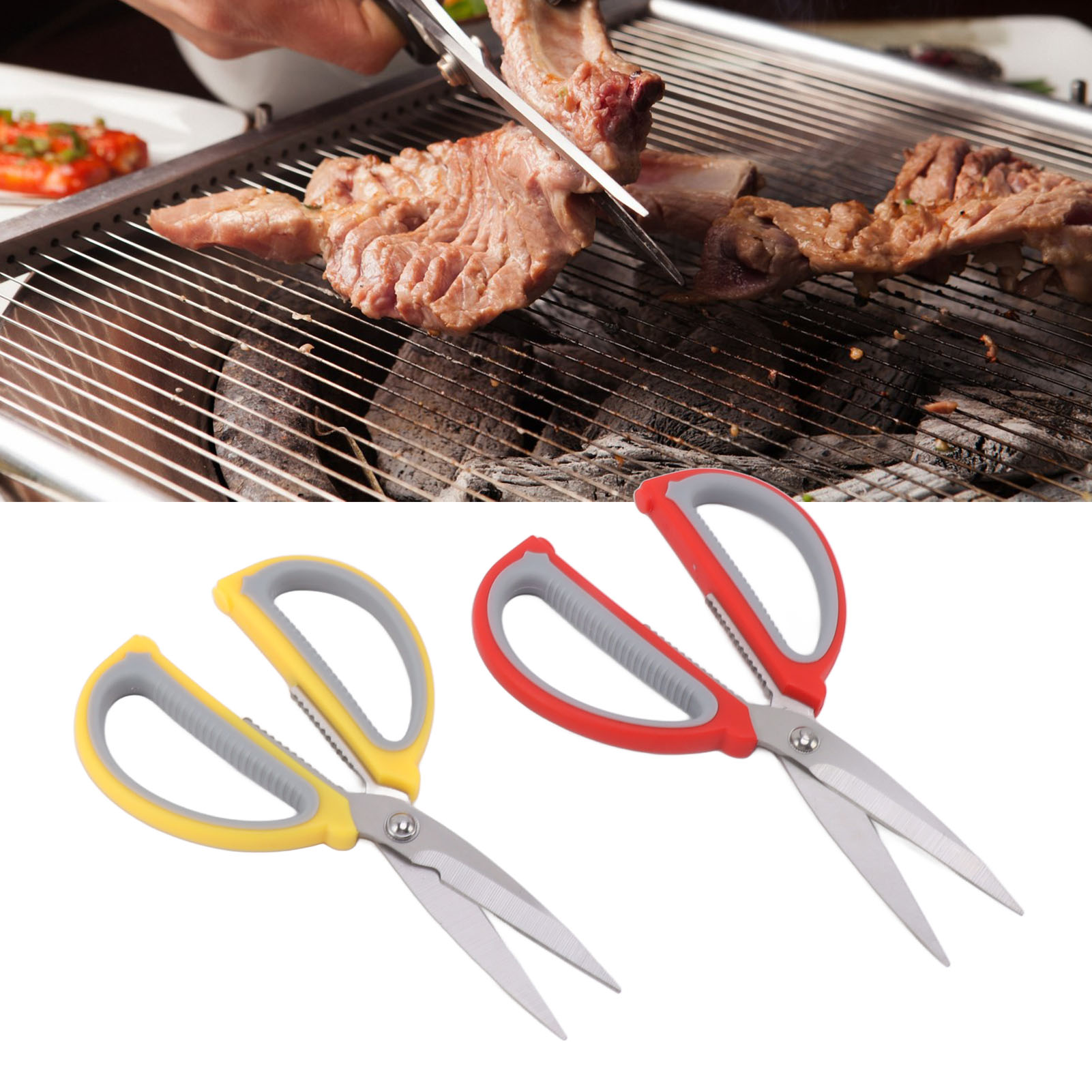 Zweifarbige Schere In Rot Und Gelb, Büroschere, Küchenzange Aus Walnussholz, Spitze Schere, Grillschere.