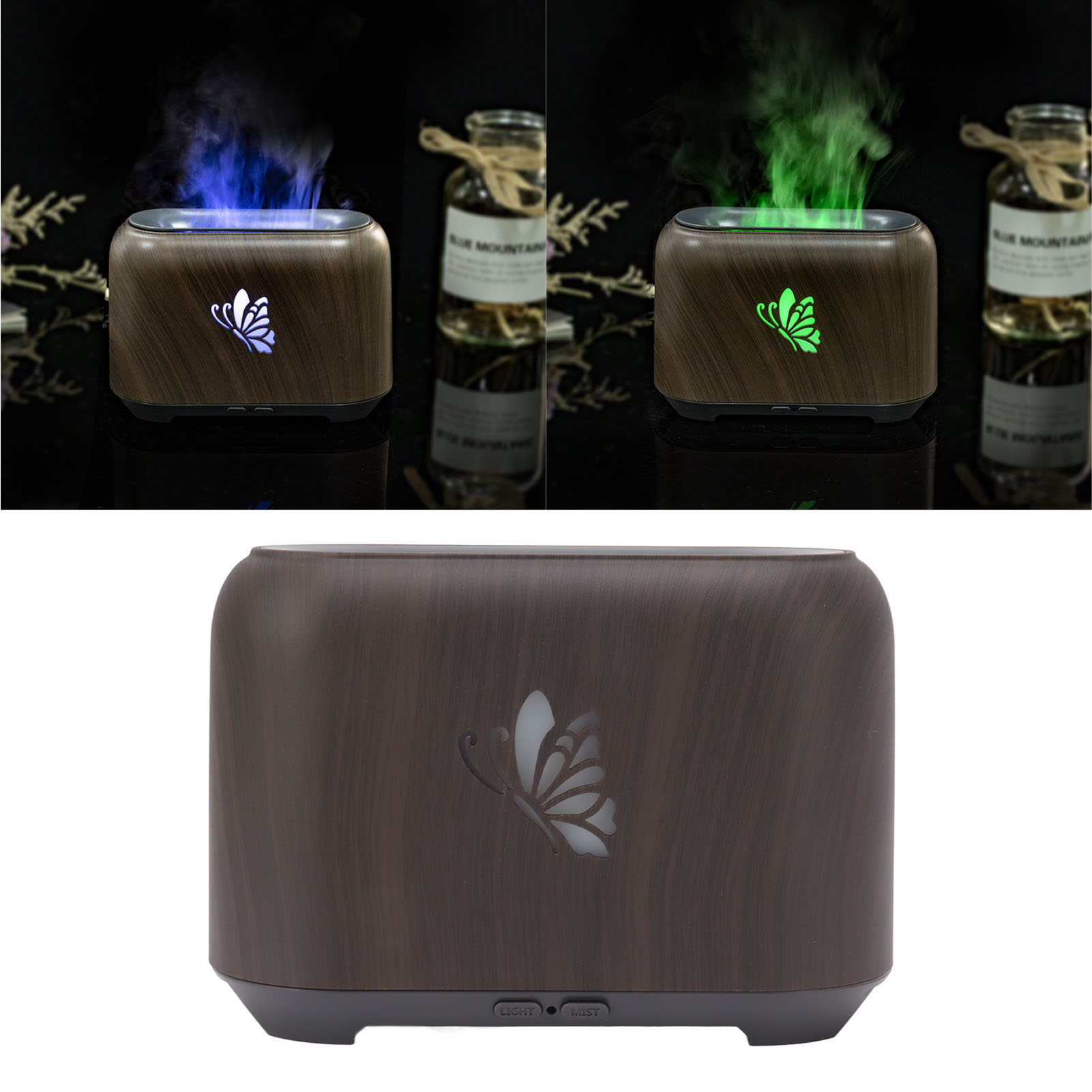 Aromadiffusor Mit 3d-farbflammenlampe In Form Eines Durchbrochenen Schmetterlings, 150-ml-sprühbefeuchter, Usb (yx-1808-dunkle Holzmaserung)