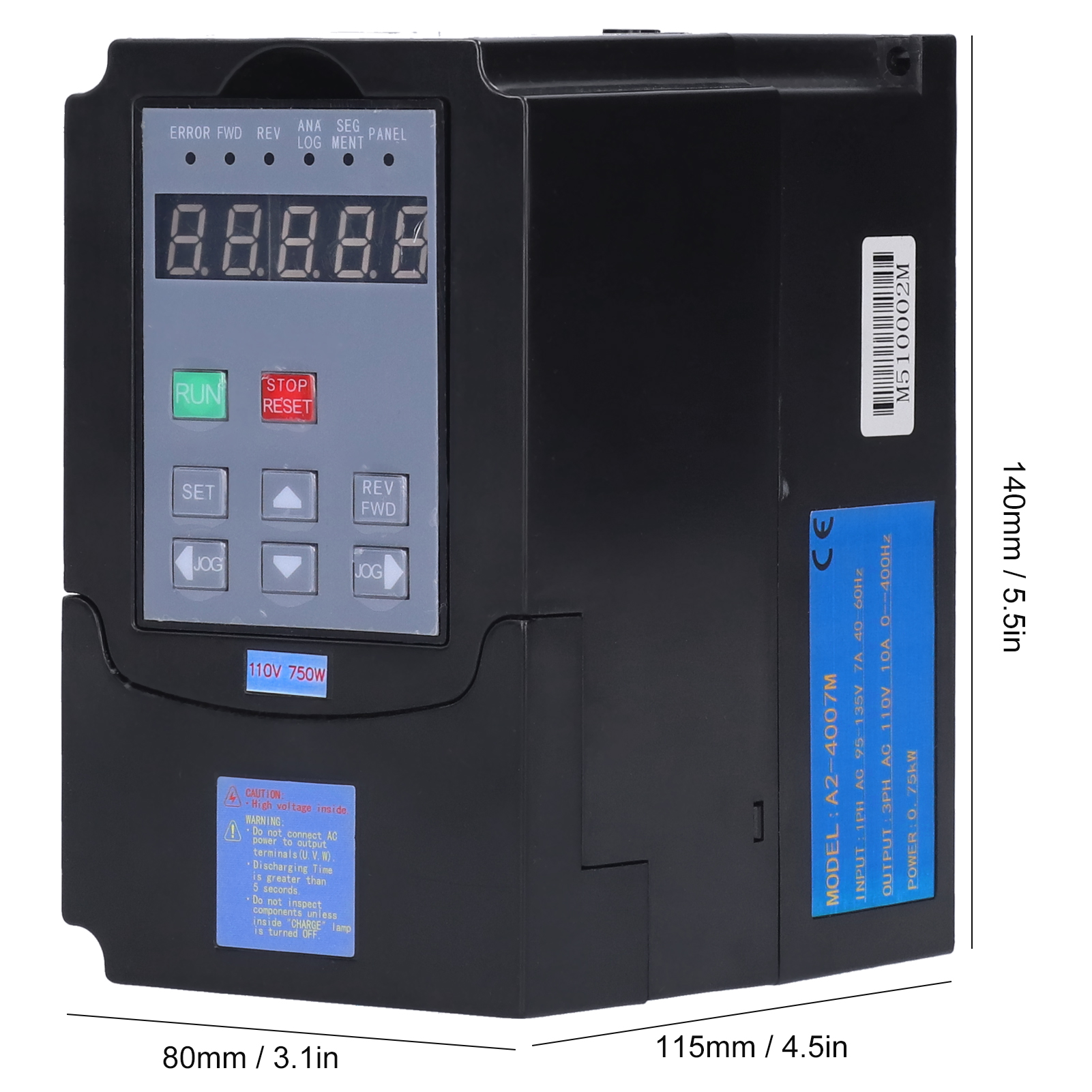 Frequenzumrichter A2-4007, Einphasiger Eingang 95–135 V, Dreiphasiger Ausgang 110 V Ac, Leistung 0,75 Kw
