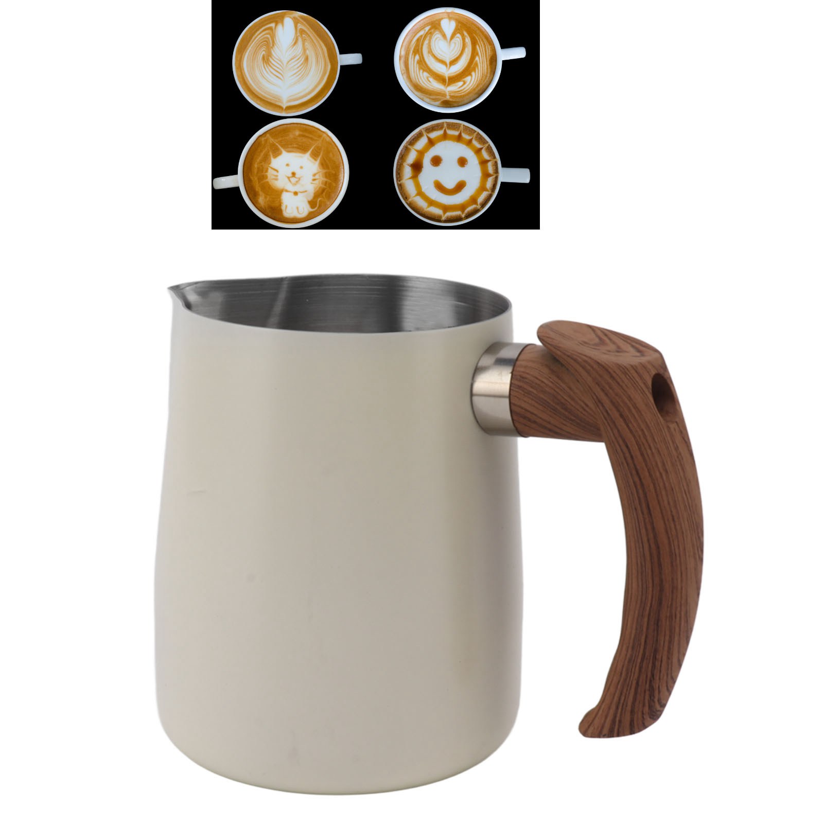 Latte-art-becher Mit Holzgriff Und Spitzem Ausguss, Latte-art-kanne Mit Innenskala, Eleganter Kaffeebecher, Milchaufschäumbecher, Perlmuttweiß, 1000 Ml