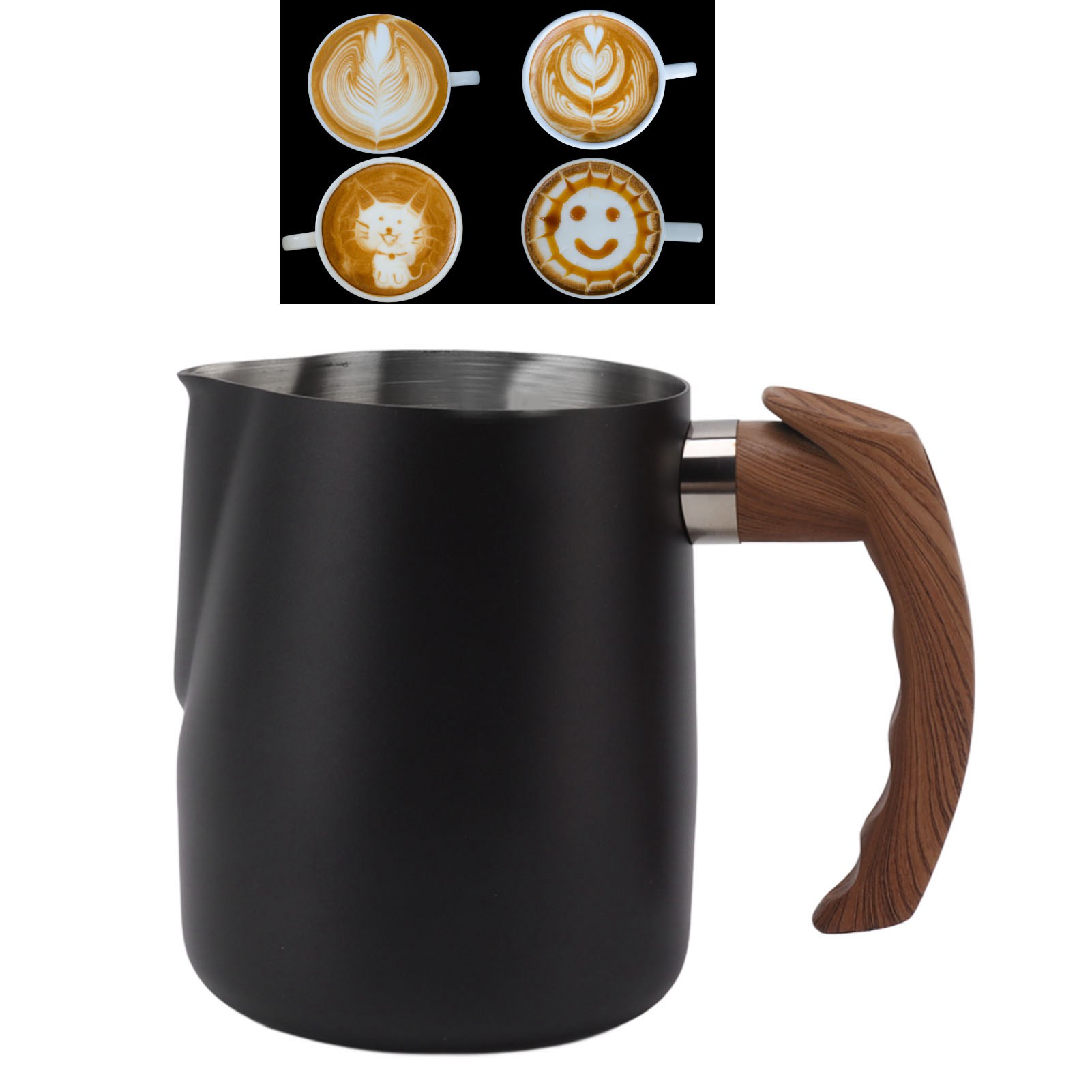 Latte-art-becher Mit Holzgriff Und Spitzem Ausguss, Latte-art-kanne Mit Integriertem Spender, Eleganter Kaffeebecher, Milchaufschäumer, Matt Schwarz, 600 Ml.