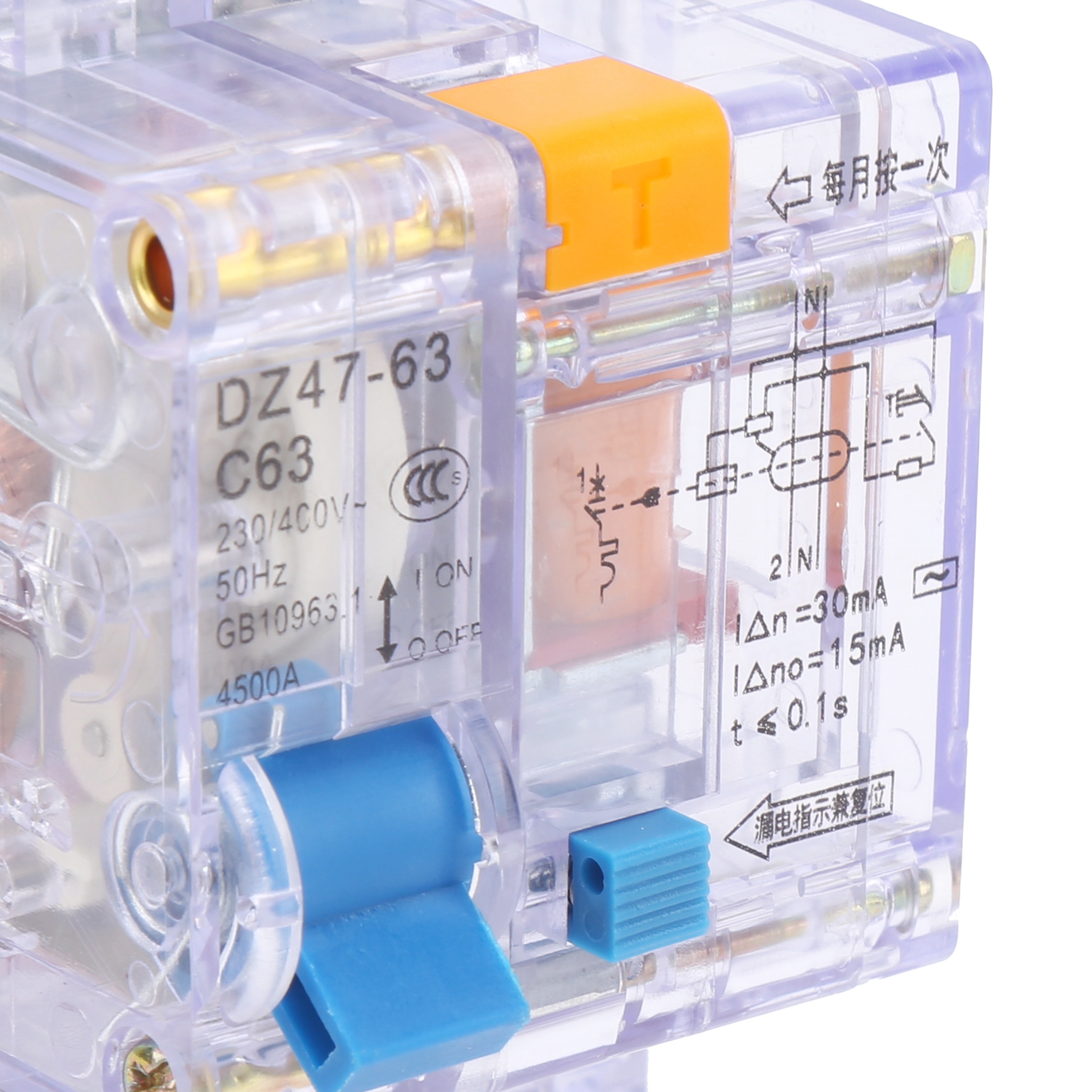 Miniatur-fehlerstromschutzschalter Transparent Dz47le-63 C63 1p+n 663a