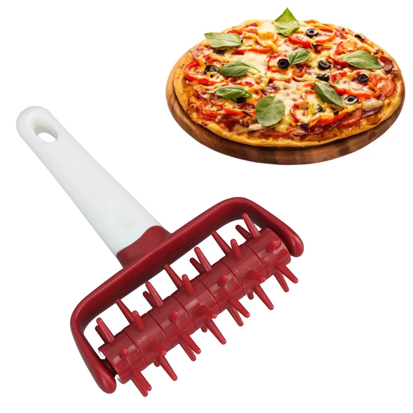 Backwerkzeuge: Pizza-nudelholz, Teigausstecher, Teigrädchen, Keksausrollnadel, Belüftungs-nudelholz (rot)