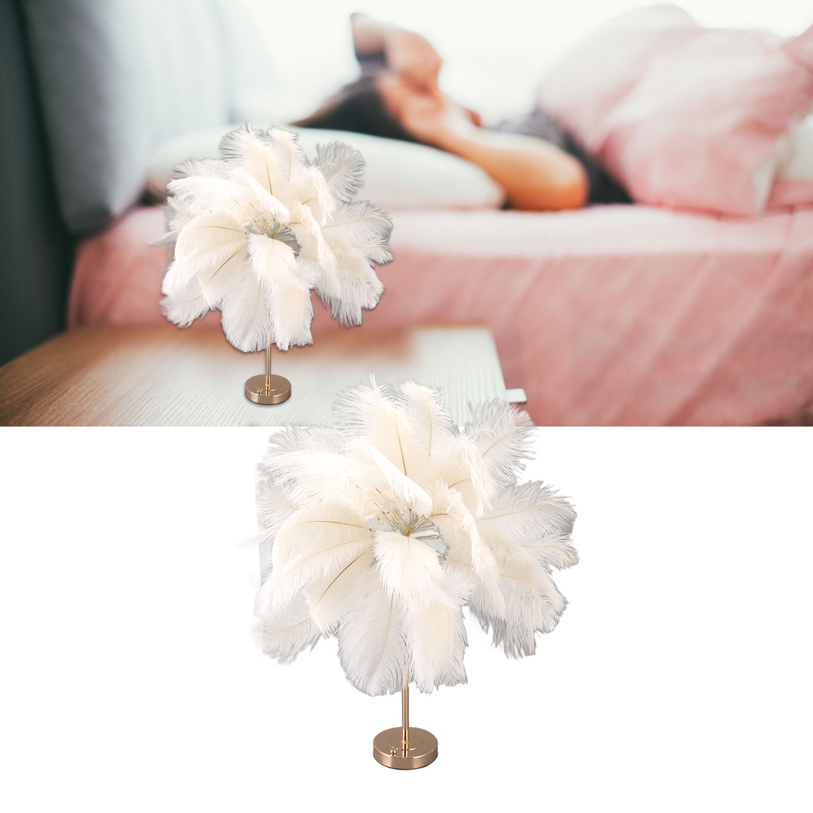 Tischleuchte Aus Straußenfedern, Moderne Und Kreative Tischleuchte Aus Straußenfedern, Wiederaufladbare Romantische Dekoleuchte, Skandinavische Nachttischlampe, Weiß