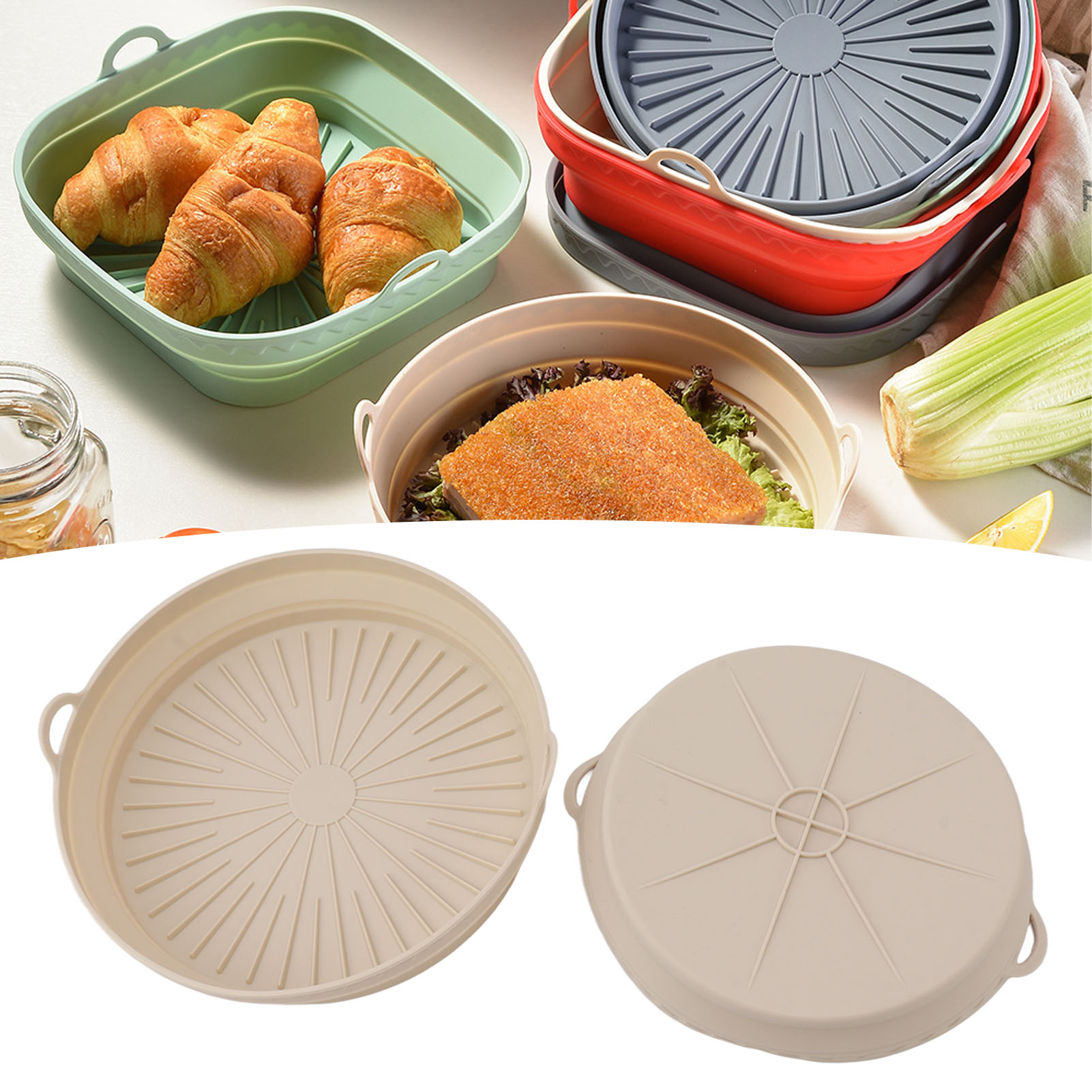 Zusammenklappbarer Airfryer-korb, Faltbare Kochmatte Aus Lebensmittelechtem Silikon, Beige.