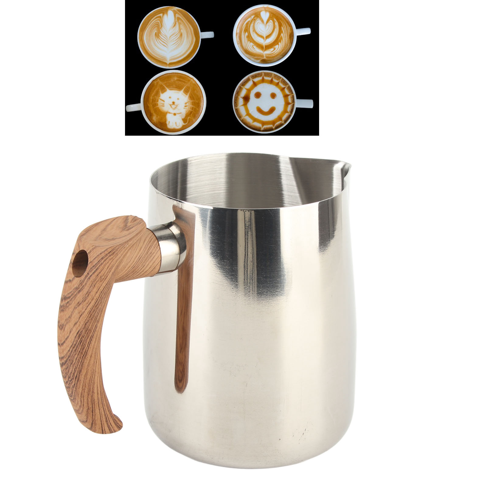 Kunstvoller Latte-becher Mit Holzgriff Und Spitzem Ausguss, Kunstvoller Latte-krug Mit Innenliegender Skala, Eleganter Kaffeebecher, Milchaufschäumer, Naturfarbe, 1000 Ml.