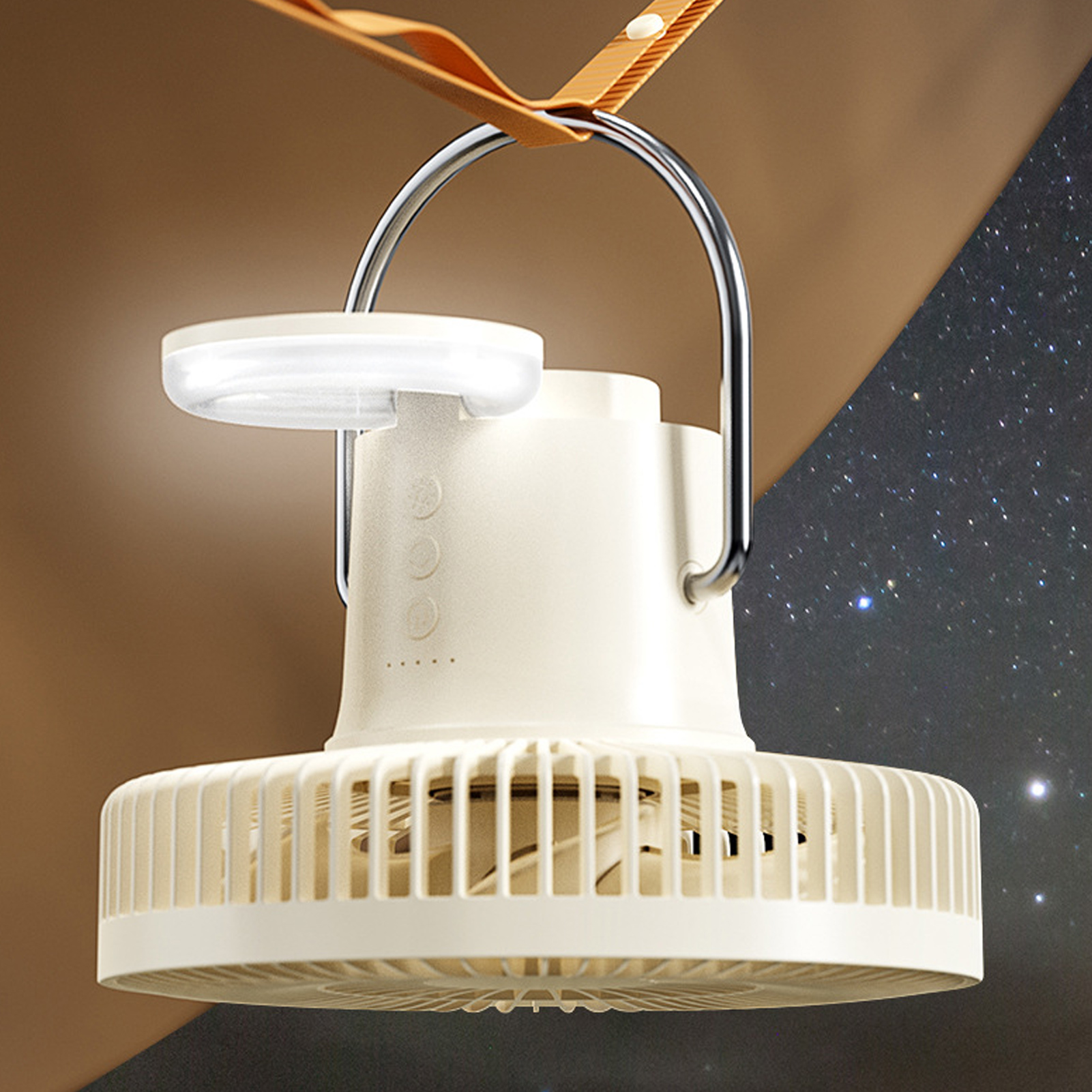 Outdoor-campingventilator, Leistungsstarker Zeltdeckenventilator Mit Usb-beleuchtung, Kleiner Outdoor-camping-dreibeinventilator, Beige.