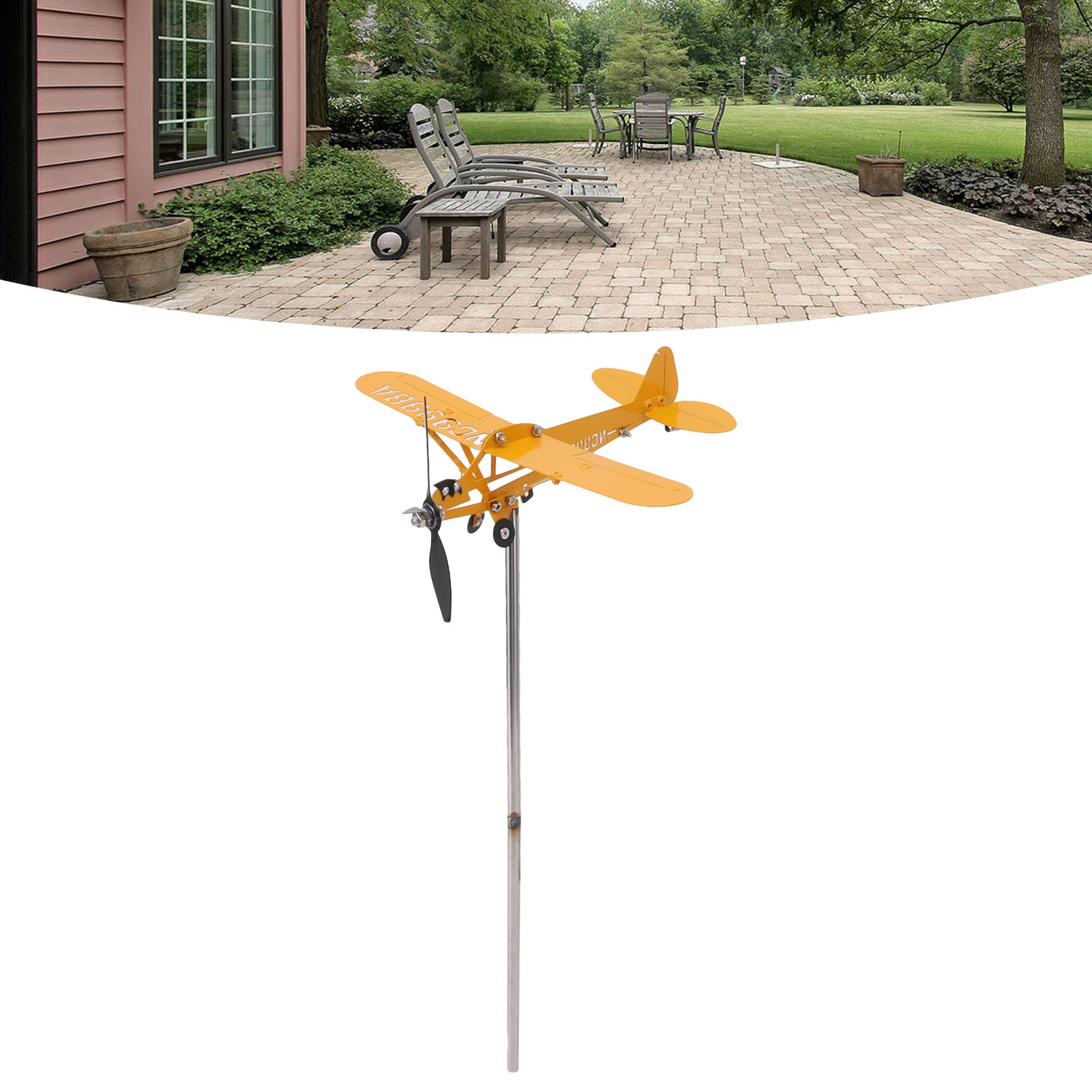 Wetterfahne Aus Metall, Windmühle, Terrasse, Garten, Garten, Rasen, Dachterrasse – Ein Geschenk Für Luftfahrtbegeisterte Gelbes Flugzeug, Trompete.