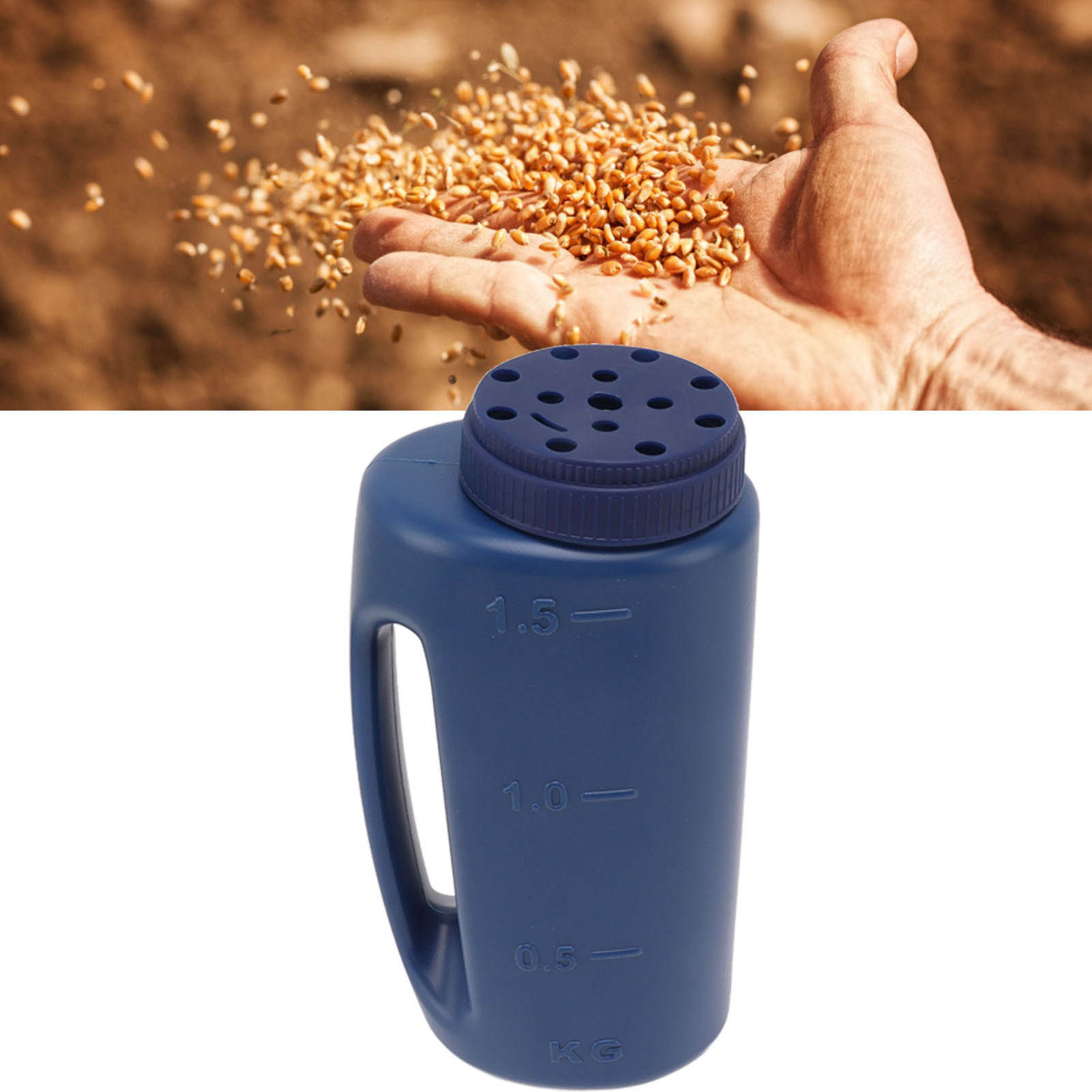 Streusalzspender, Dünger, Salzstreuer, Tragbarer Düngerspender, Saatgutspender, Blaue Flasche.