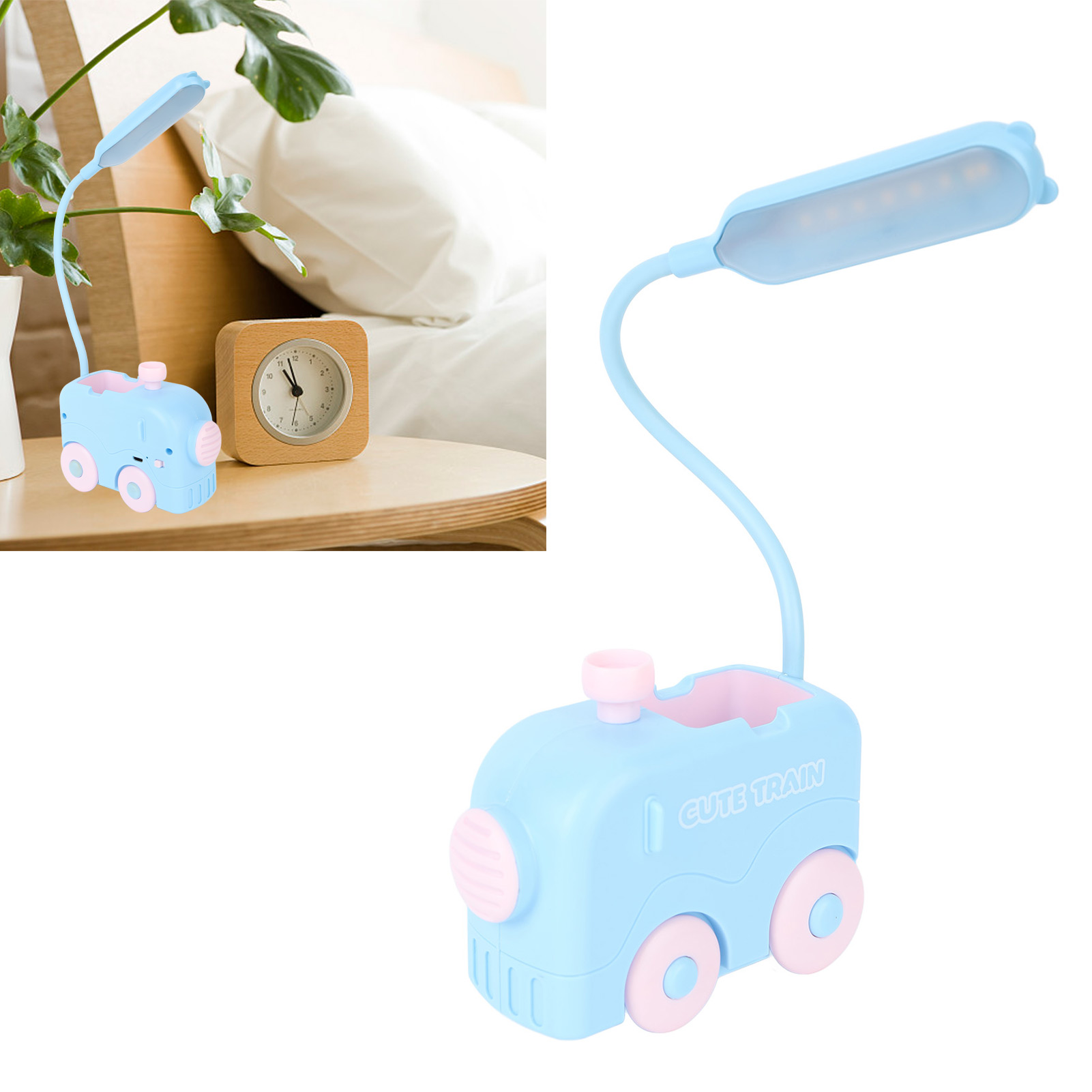 Kreative Led-miniatur-nachttischlampe In Zugform, Augenschonend, Mit Stifthalter, Usb-aufladbar, Blau. Lese-/arbeitslampe Mit Stifthalter.