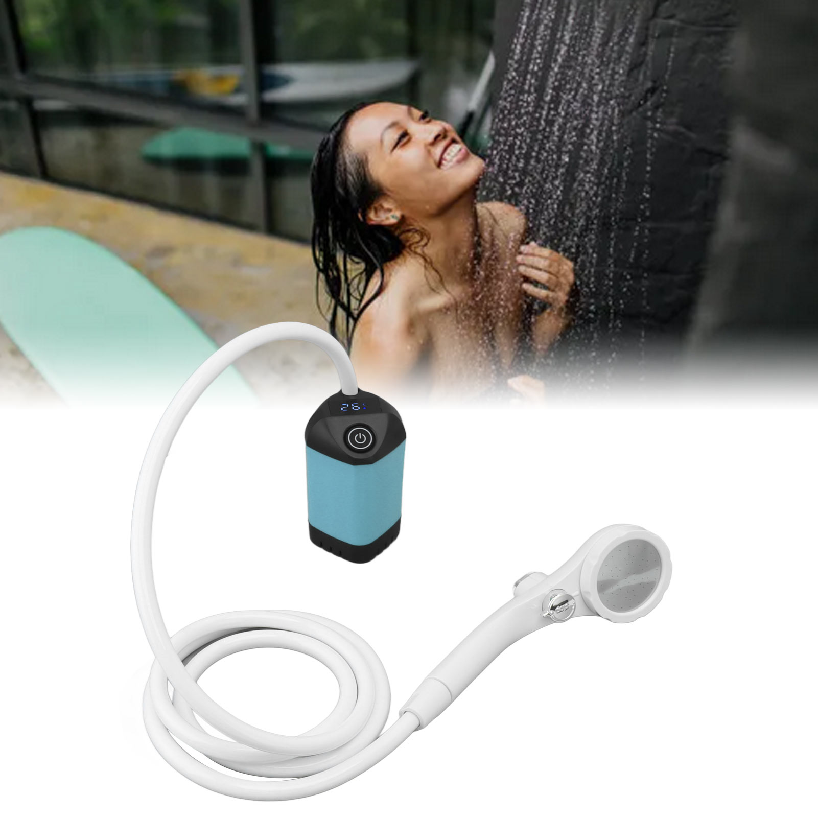 Tragbarer Elektrischer Duschkopf, Intelligentes Digitales Display, Drei Einstellbare Duschgeschwindigkeiten, Elektrische Spa-dusche Für Drinnen Und Draußen, Blau.