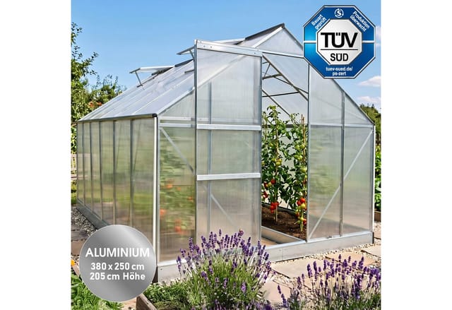 BRAST Gewächshaus Aluminium mit Fundament rostfrei TÜV geprüft 6mm Platten 380x250x205cm Silber