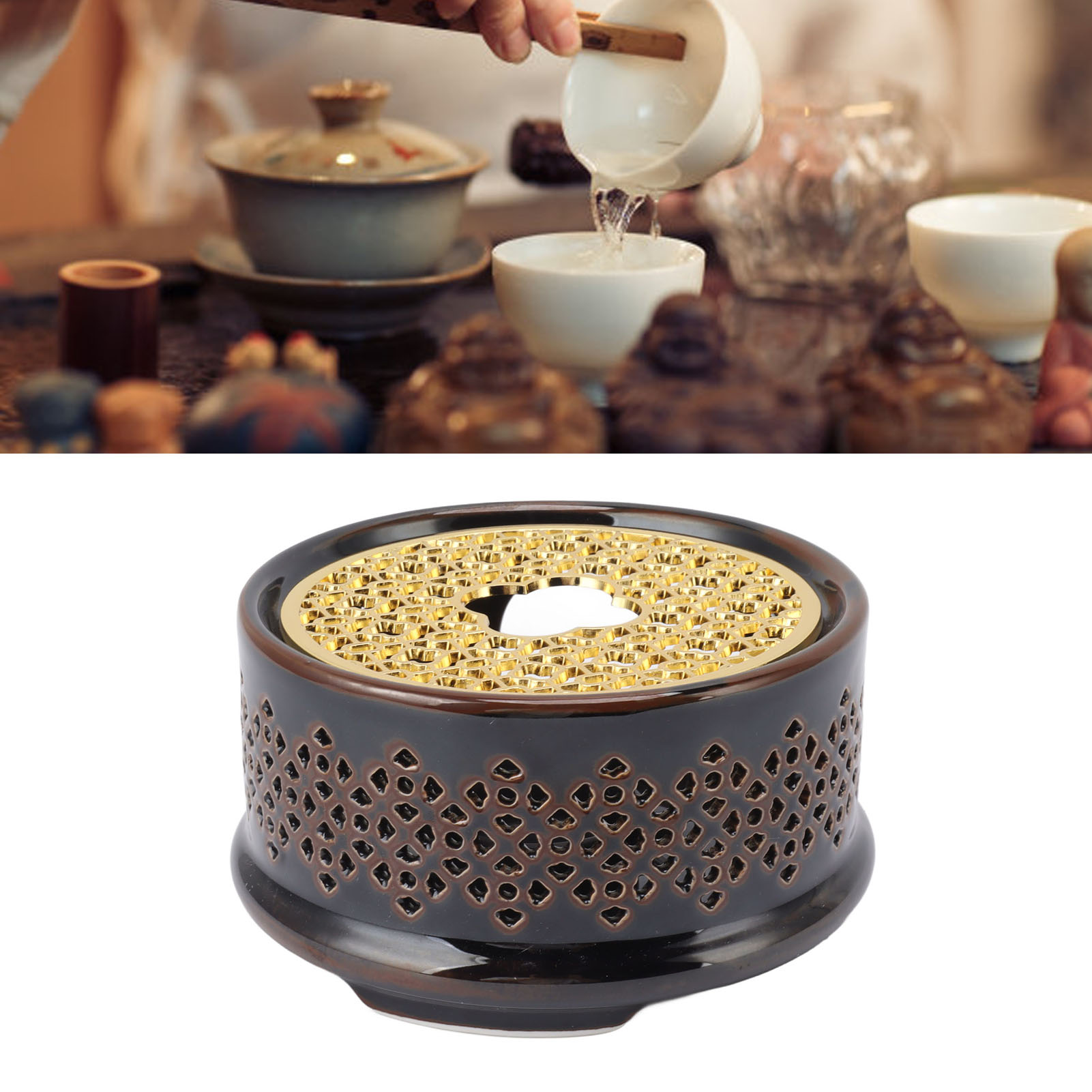 Teekannenwärmer Im Japanischen Stil Mit Durchbrochenem Design, Dunkelbraunem Sockel Und Kerzenhalter.