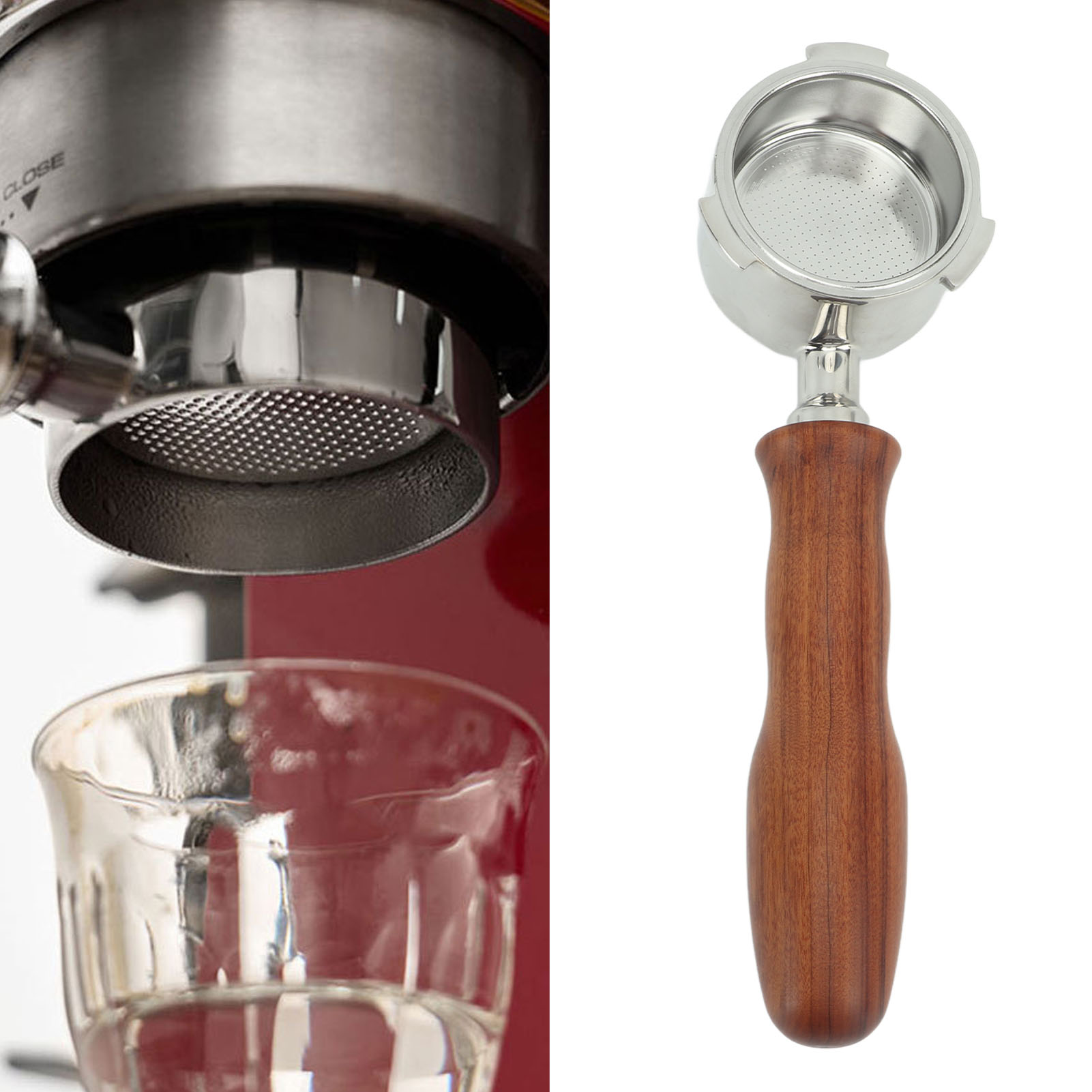 Modifikation Einer De'longhi Kaffeemaschine Mit Drei 51 Mm Edelstahlgriffen, Einem Bodenlosen, Einlagigen Filterhaltergriff Und Einem Griff Aus Palisanderholz Typ D.
