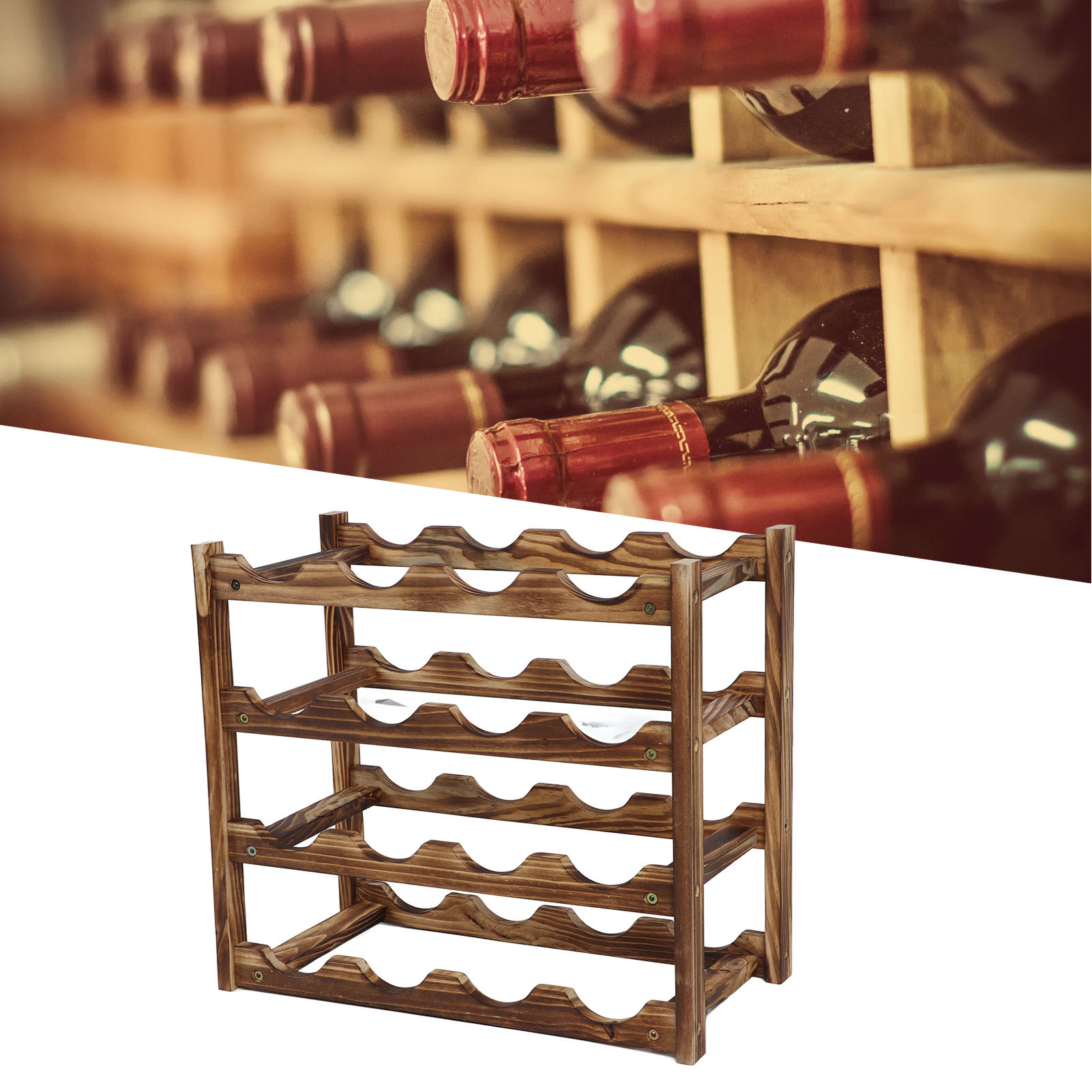 Minimalistisches Und Modernes Weinregal Für Zuhause, Aus Massivholz, Mit 4 Ebenen, Für 16 Flaschen, Lackierte Oberfläche.
