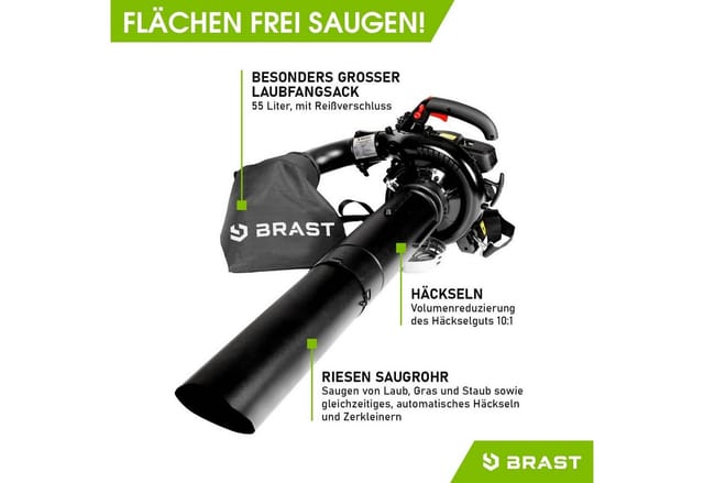 Laubsauger Laubbläser Benzin 1,0kW(1,36PS) 55L Fangsack inkl. 2 Blasrohre, Schultergurt & Anti-Vibrationsgriff 4in1 Funktion Blasgeschwindigkeit 73