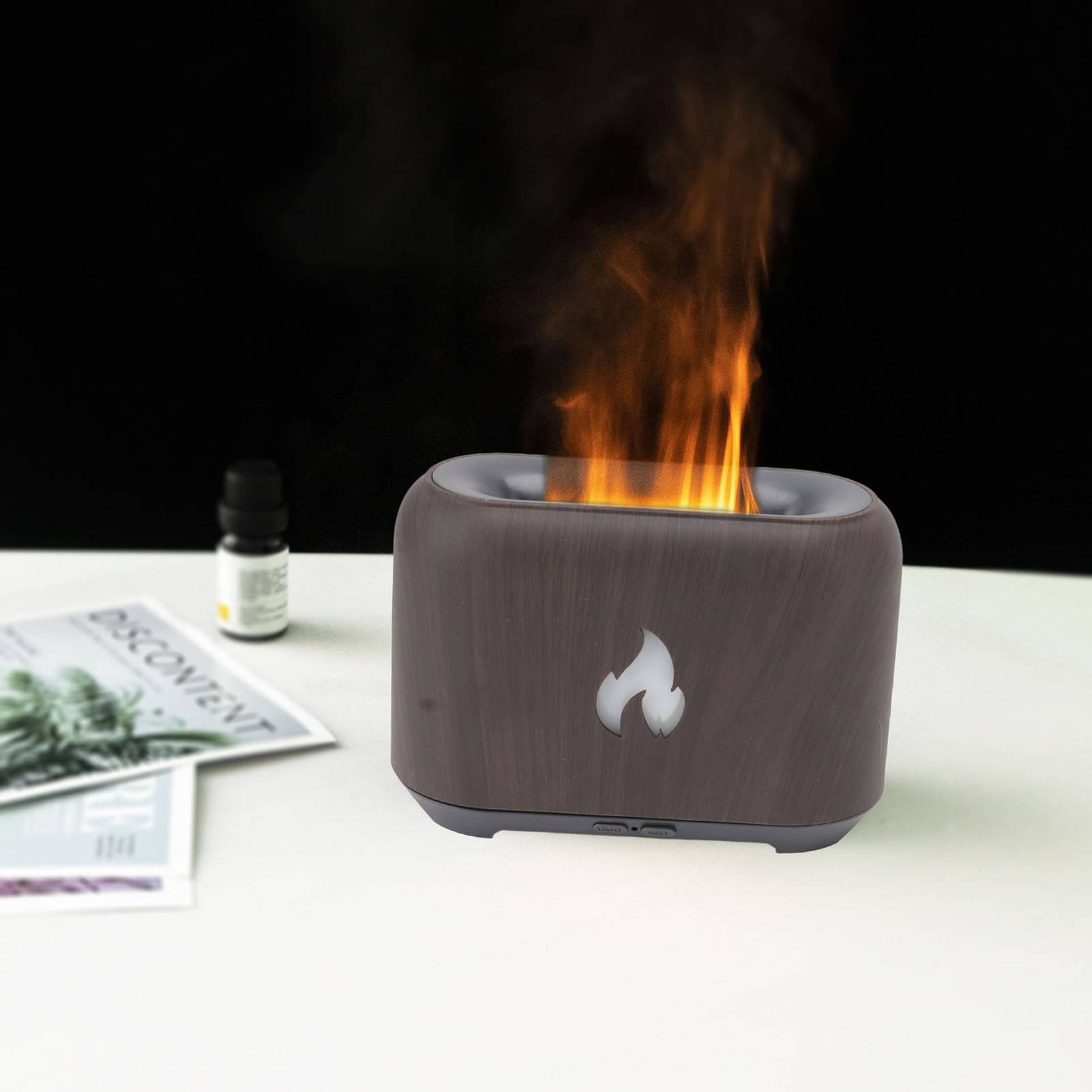 130-ml-flammen-aroma-diffusor, 3d-holzoptik, 5-v-farblicht-luftbefeuchter, Usb-aroma-diffusor (yx-1807 – Dunkle Holzoptik)