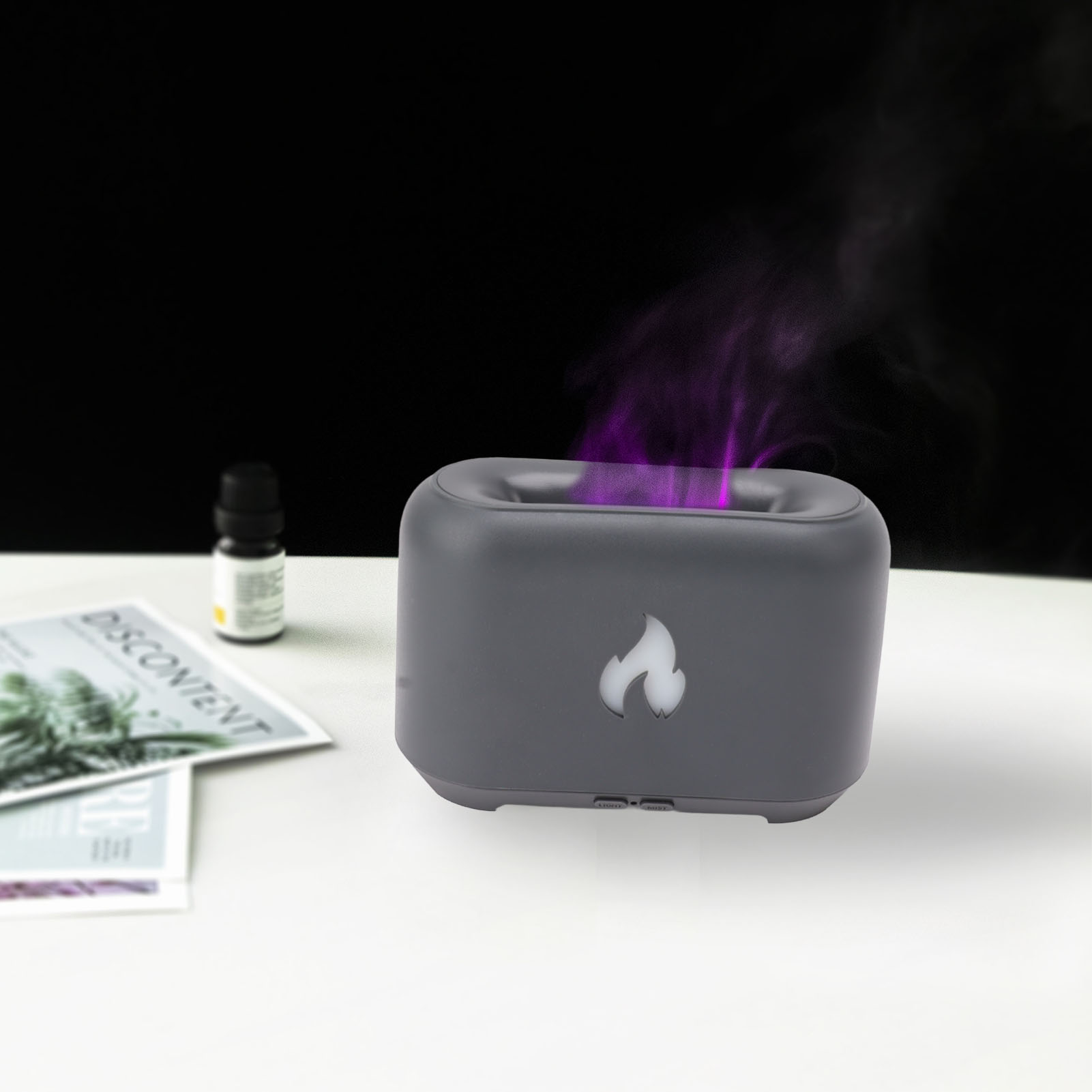 130-ml-flammen-aroma-diffusor, 3d-holzoptik-flamme, 5-v-farblicht-luftbefeuchter, Usb-aroma-diffusor (yx-1807 – Dunkelgrau)