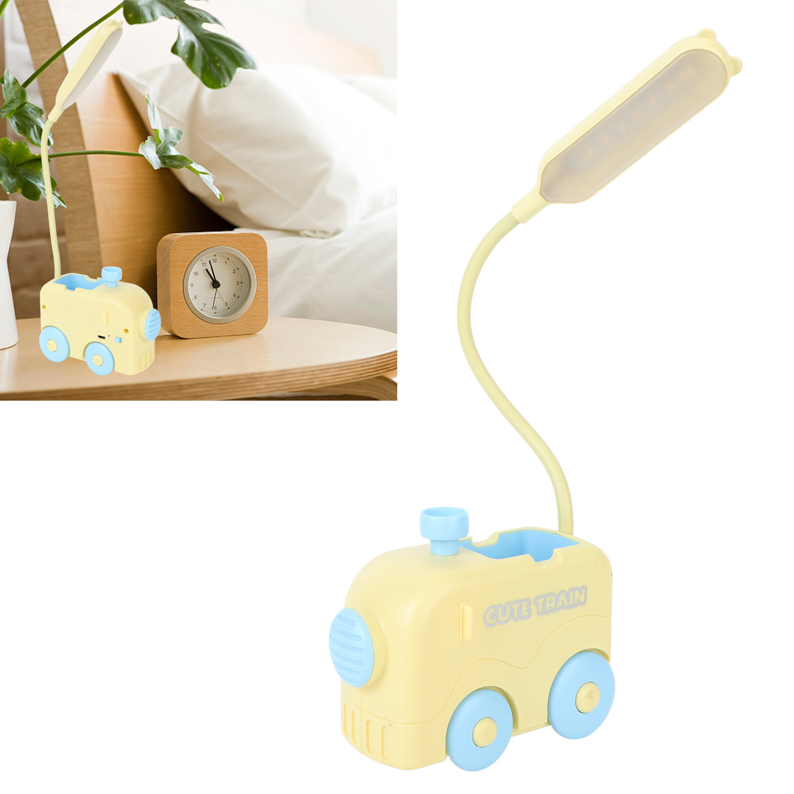 Kreative Led-nachttischlampe In Form Einer Kleinen Lokomotive, Augenschonend, Mit Stifthalter, Usb-aufladbar, Gelb. Lese-/arbeitslampe Mit Stifthalter.