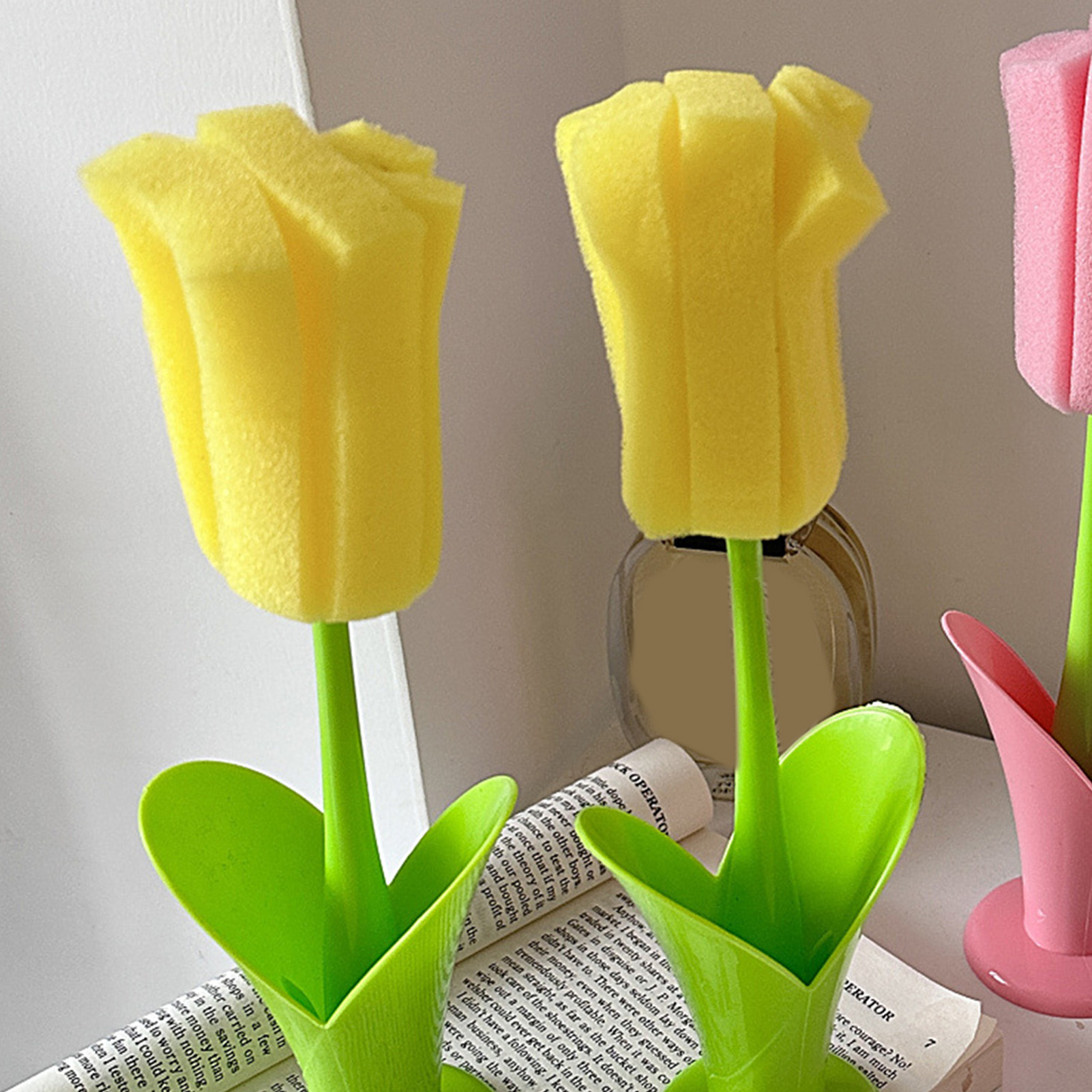 Tulpenförmige Haushaltsbürste, Tassenreinigungswerkzeug, Abnehmbarer Schwamm, Bürste Mit Langem Griff, Kreative Gelbe Tulpenförmige Tassenbürste.