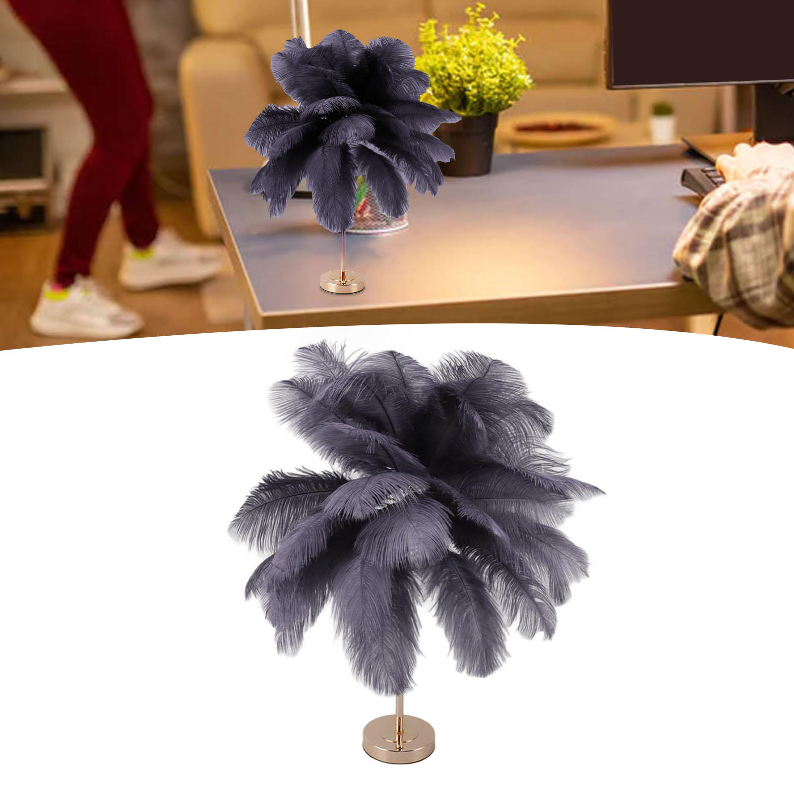 Dekorative Tischlampe Aus Straußenfedern (30 Stück), Moderner Und Kreativer Stil, Wiederaufladbar, Romantisch, Ideal Für Ein Schlafzimmer Im Nordischen Stil, Grau.