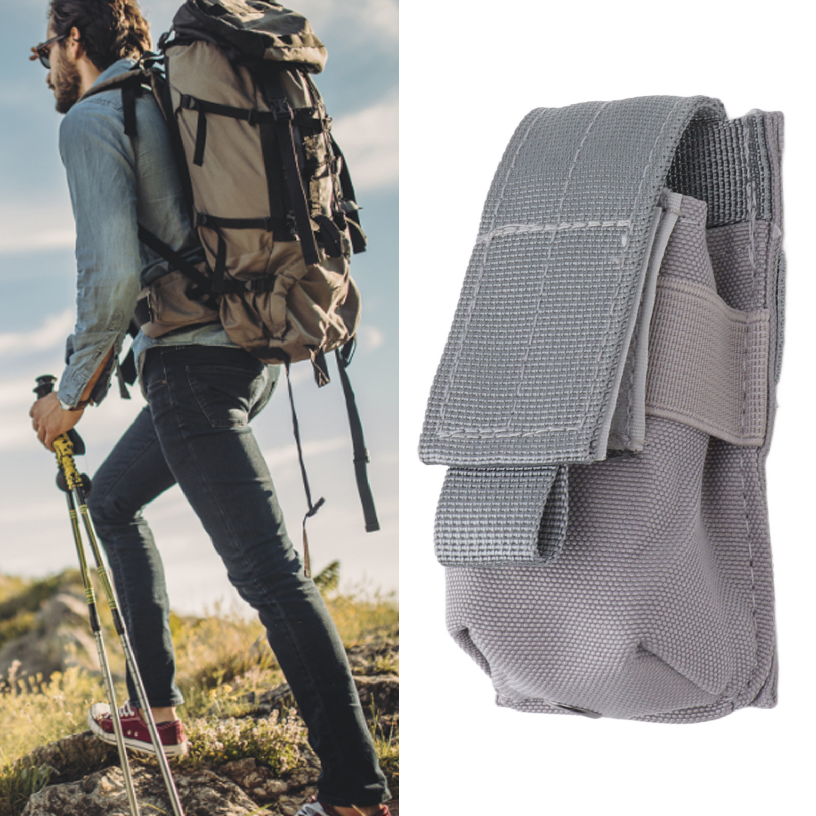 Kleine Outdoor-taschenlampe, Werkzeugtasche, Taktische Taschenlampentasche, Wickeltasche, Gürteltasche, Grau