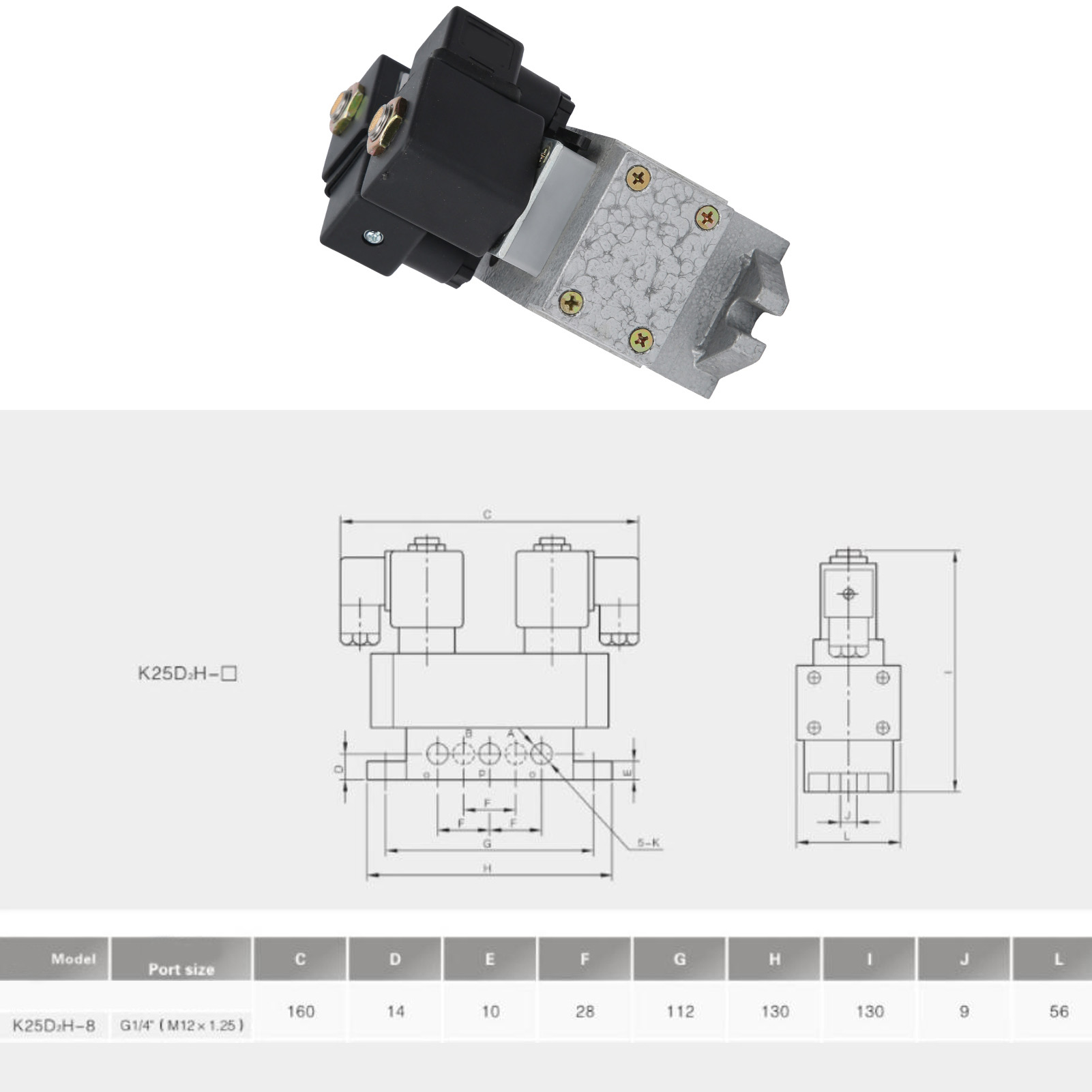 Fünfwege-, Zwei-positionen-magnetventil, Elektrisch Betätigter Doppeltwirkender Verteiler G1/4" K25d2h-8ac220v
