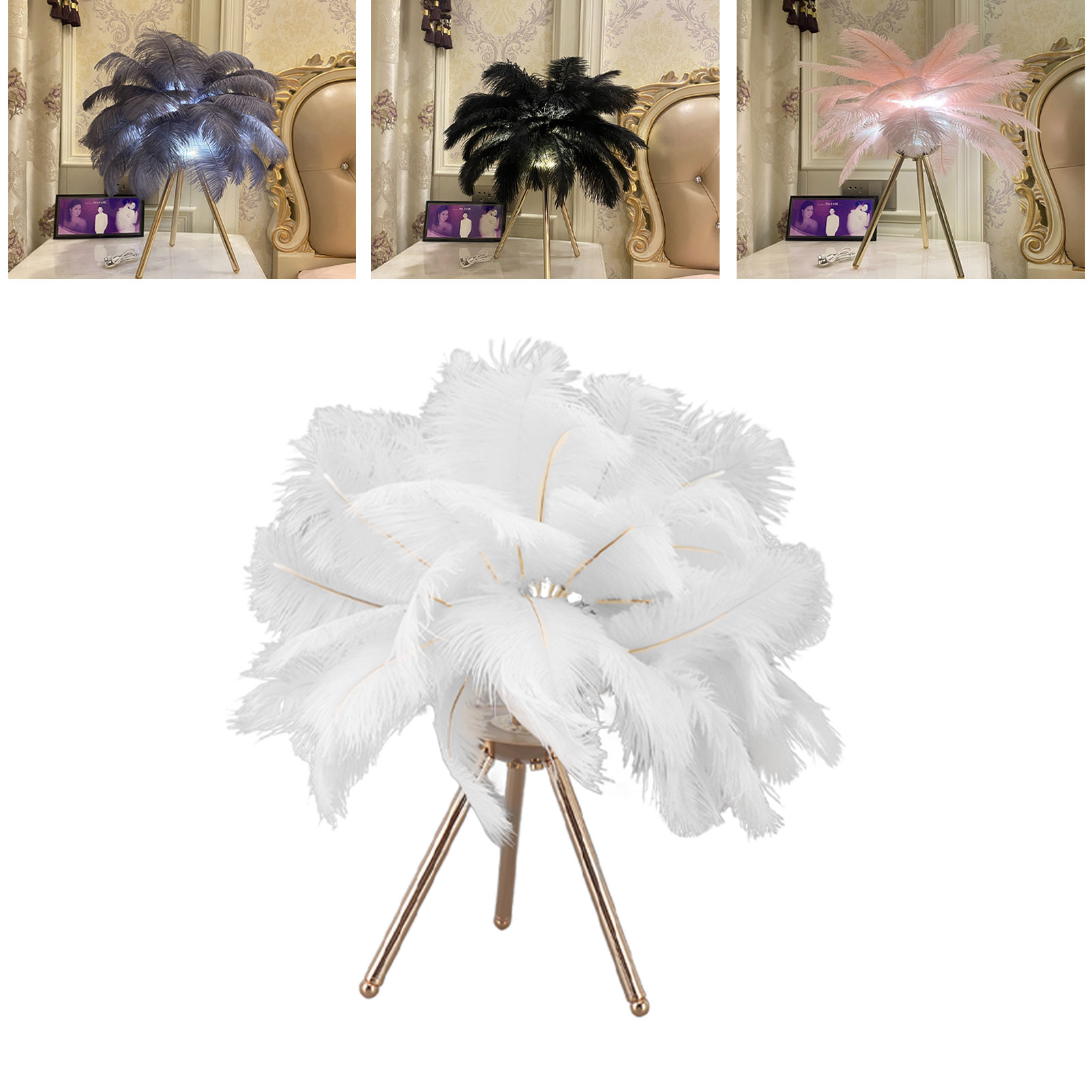 Tischlampe Aus Straußenfedern, Goldene Dreibeinlampe, Moderne Nachttischlampe Mit Federn, Wohnaccessoires, Wohnzimmerdekoration, Hochzeitsdeko, Weiß