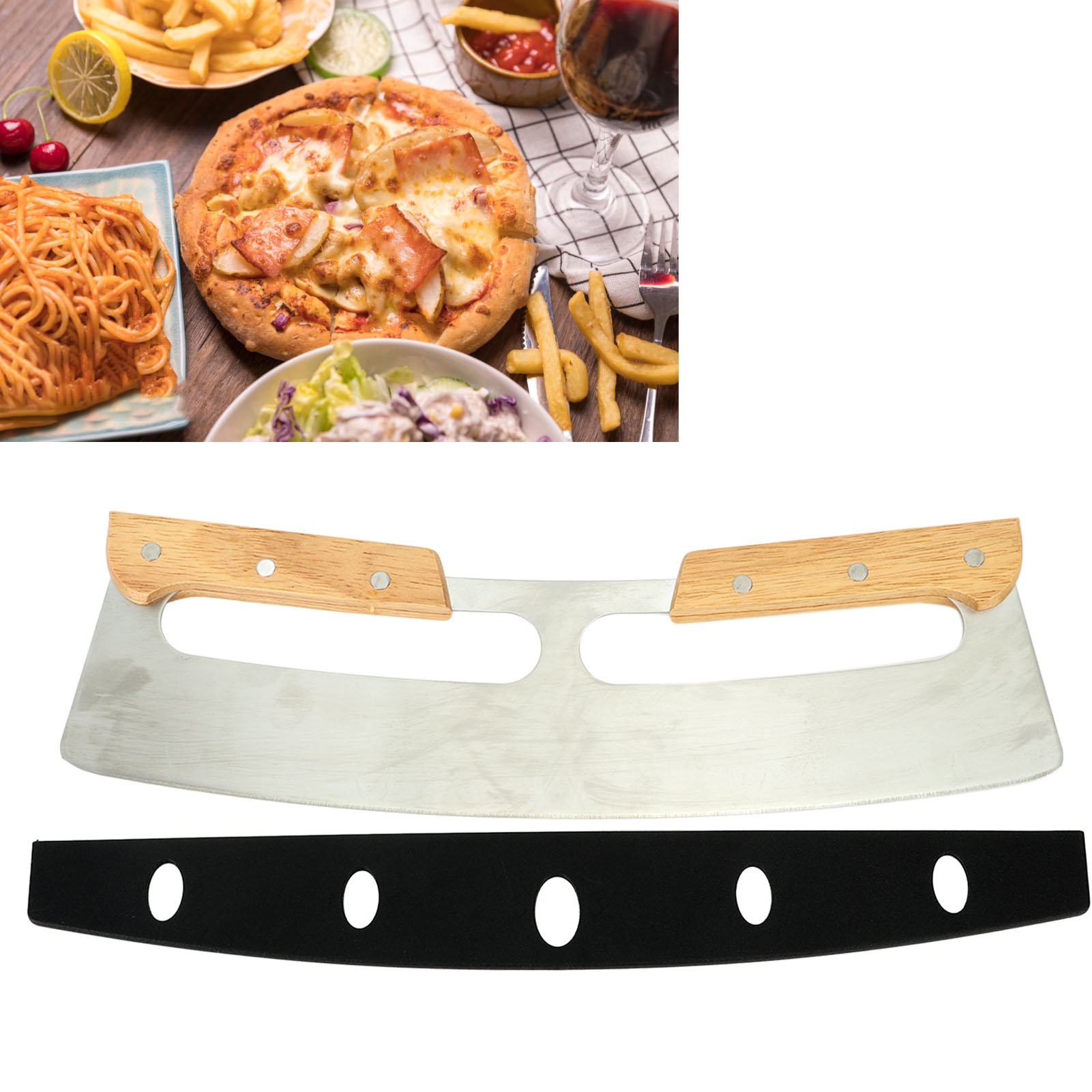 Halbmondförmiger Pizzaschneider, Küchenutensil, Langer Pizzaschneider, Typ A, Doppelgriff, Farbkartonverpackung.